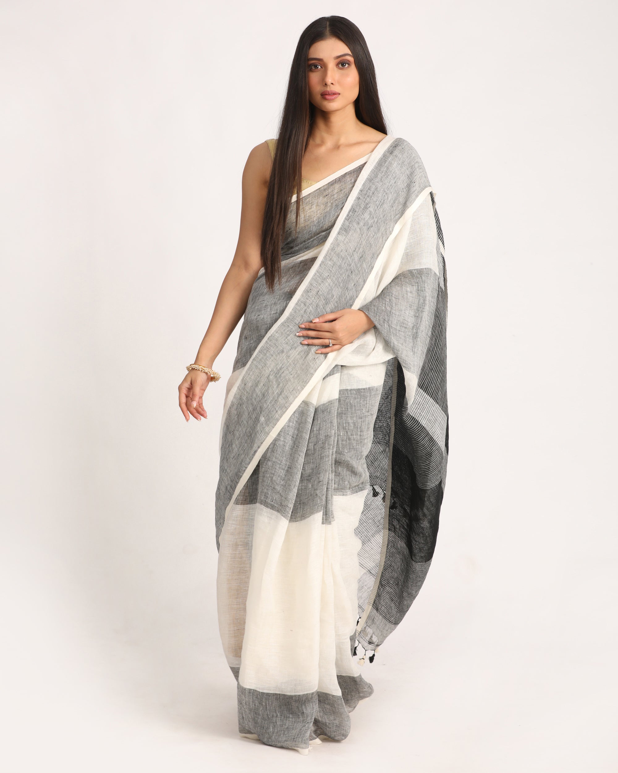 Women's White Black Traditional Handloom Linen Saree - Angoshobha