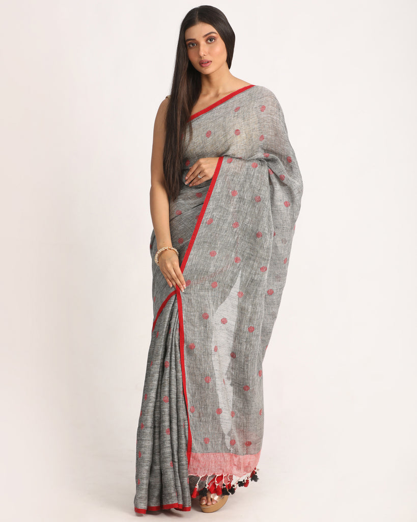 Women's Grey Traditional Handloom Linen Jamdani Saree