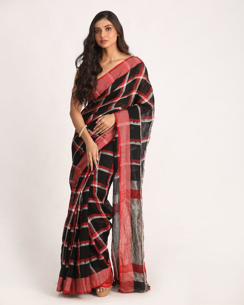 Women's Black Red Traditional Check Linen Handloom Saree