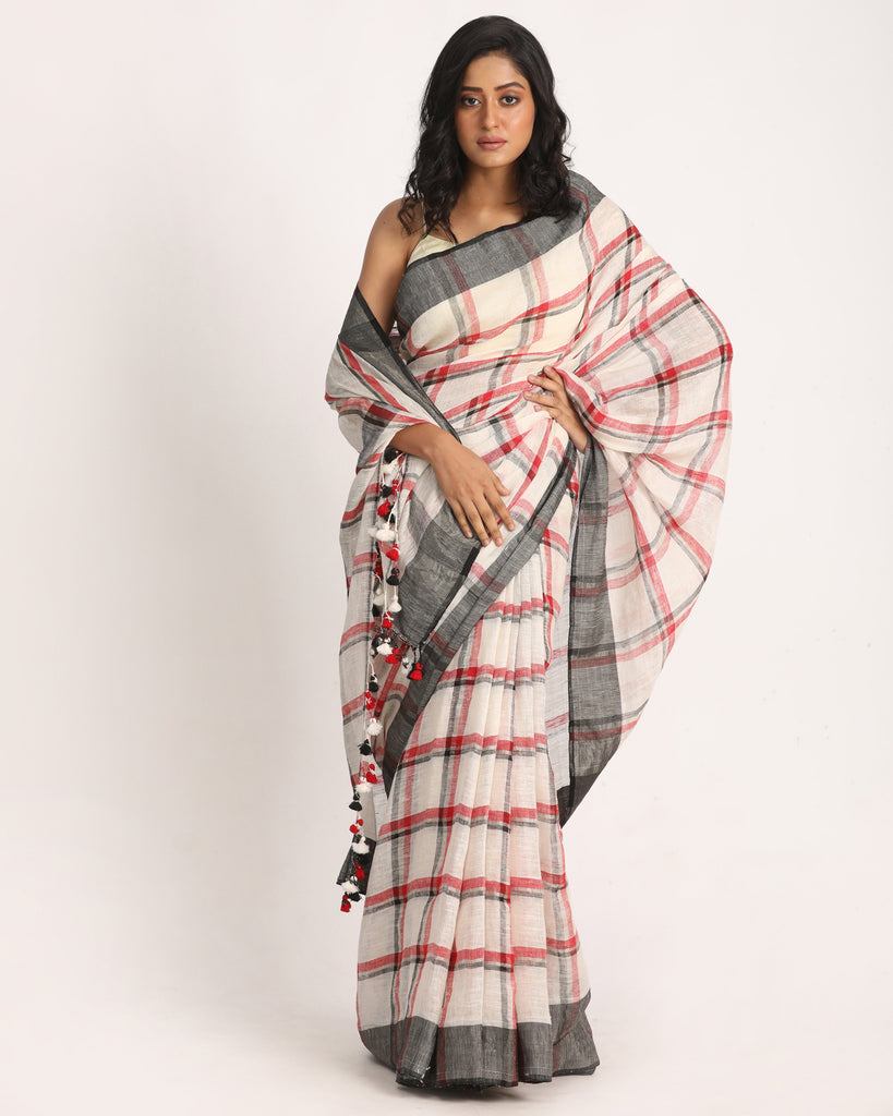 Women's Off White Red Traditional Check Linen Handloom Saree