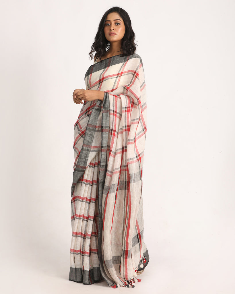 Women's Off White Red Traditional Check Linen Handloom Saree