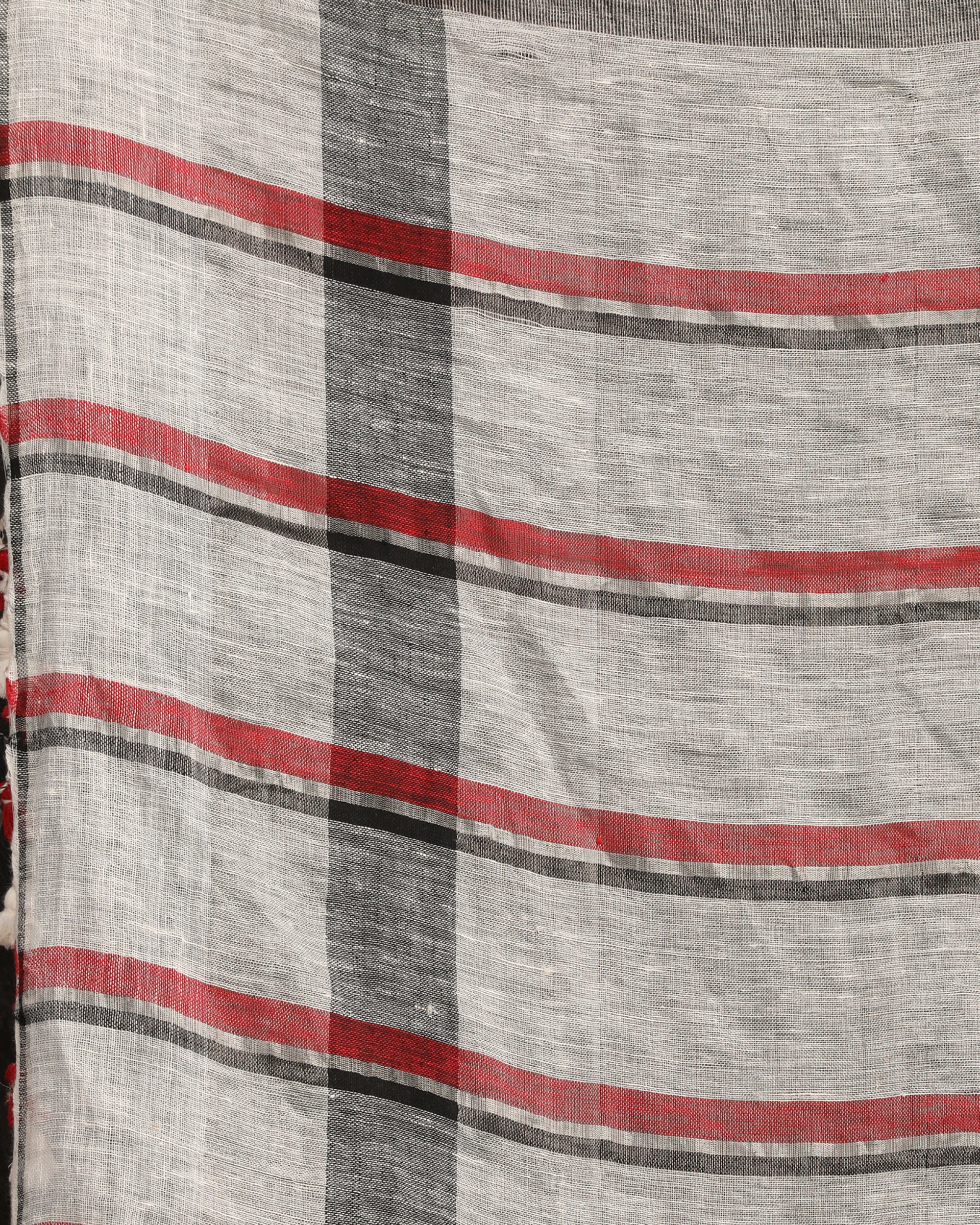 Women's Off White Red Traditional Check Linen Handloom Saree - Angoshobha