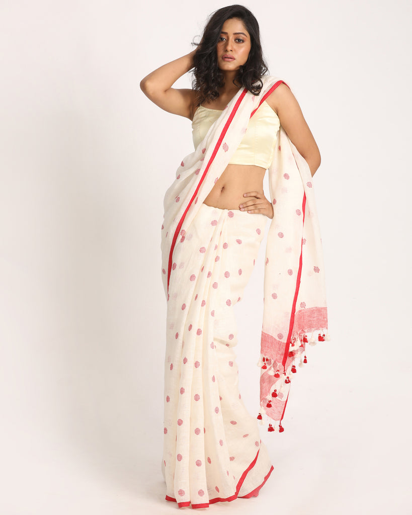 Women's White Traditional Handloom Linen Jamdani Saree