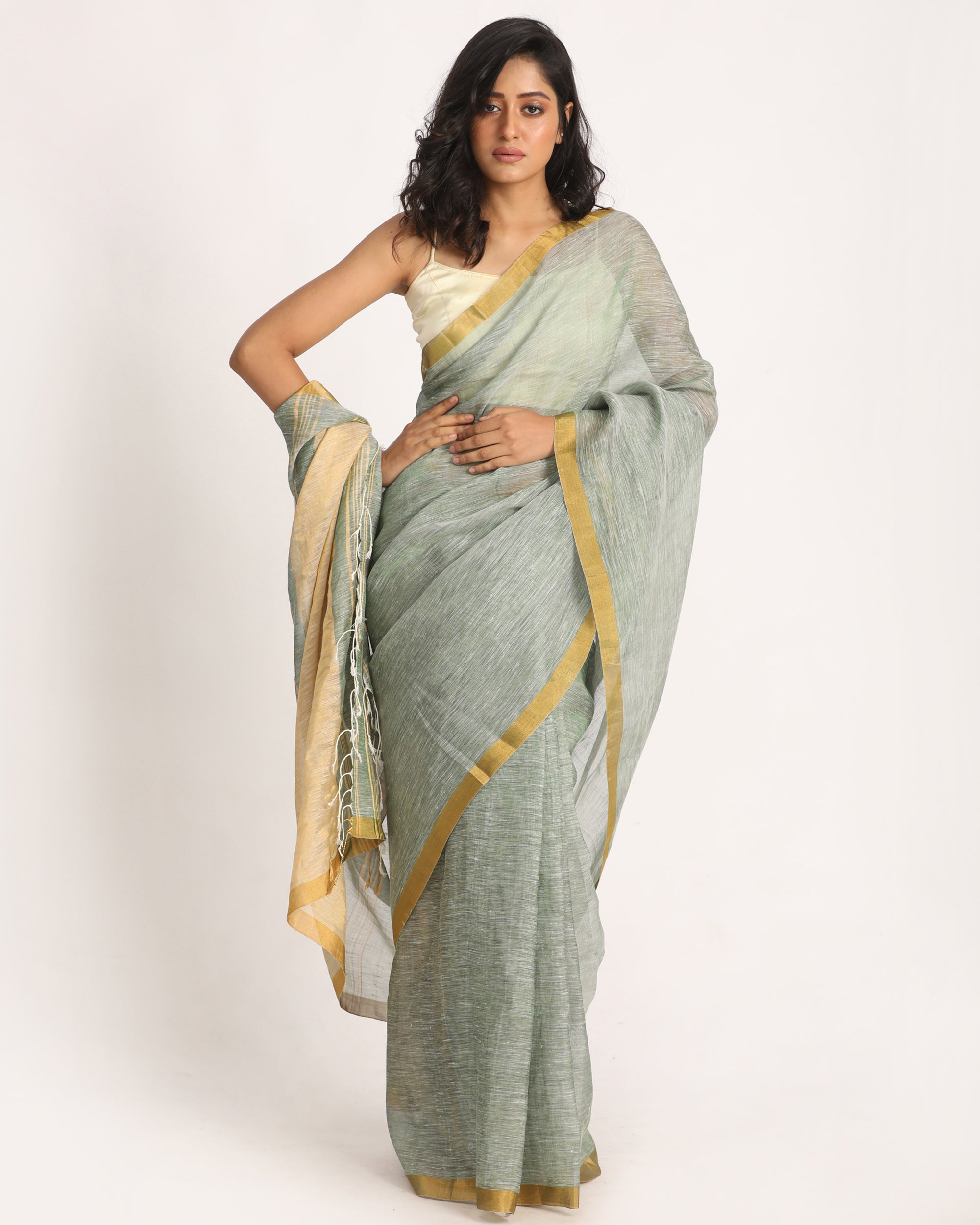Women's Silver Green Traditional Handloom Tissue Linen Saree - Angoshobha