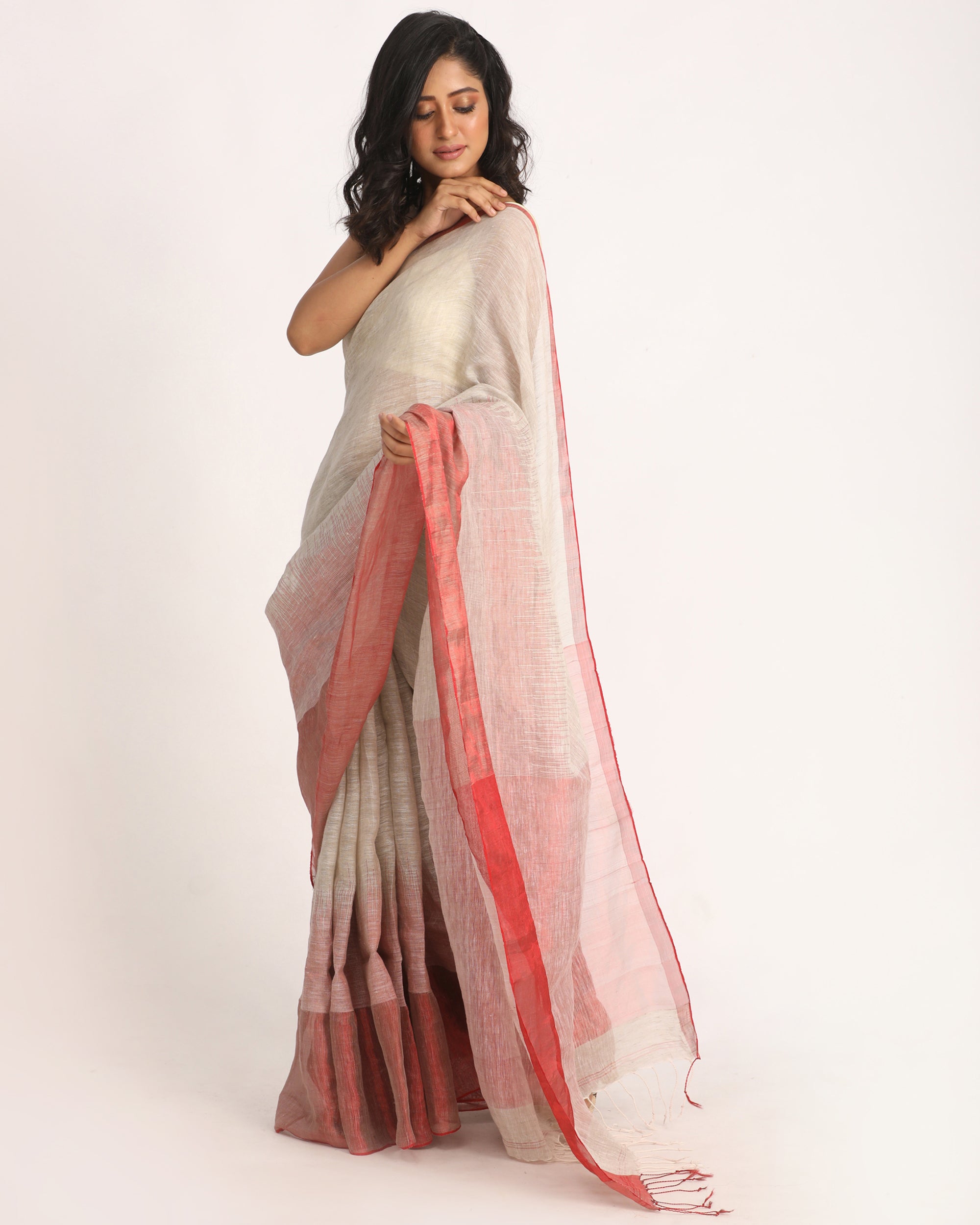 Women's Design Zari Border Light Grey Handloom Traditional Linen Saree - Angoshobha