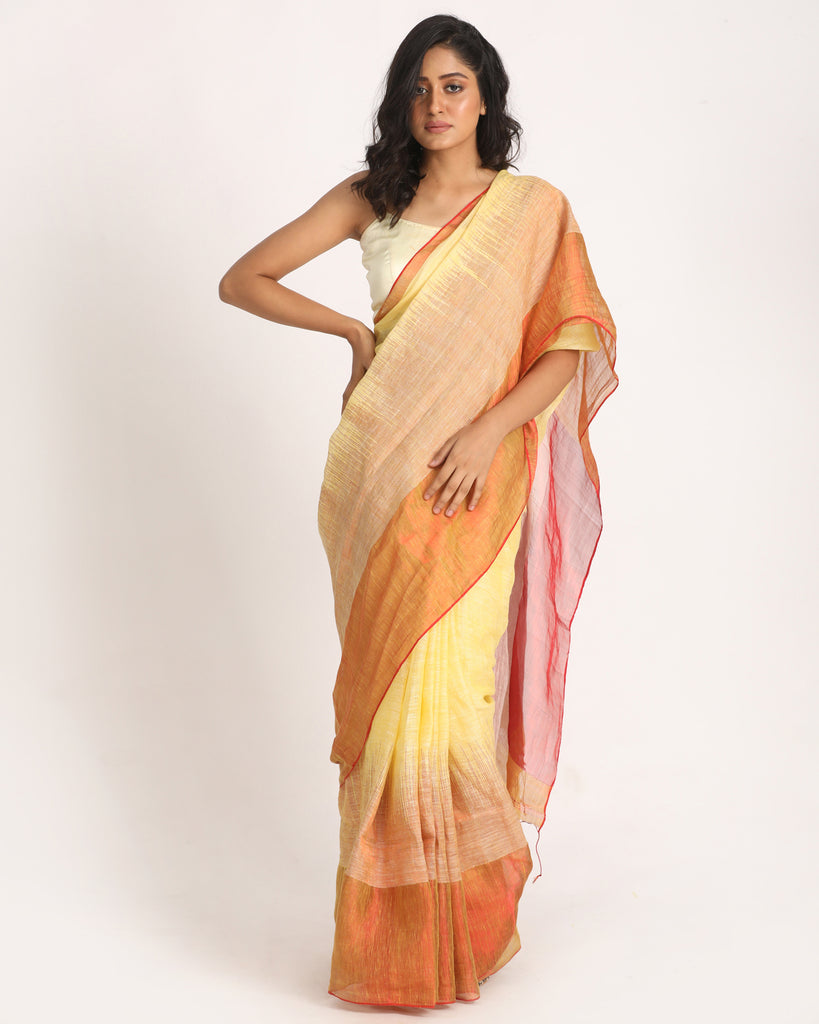 Women's Design Zari Border Lemon Handloom Traditional Linen Saree