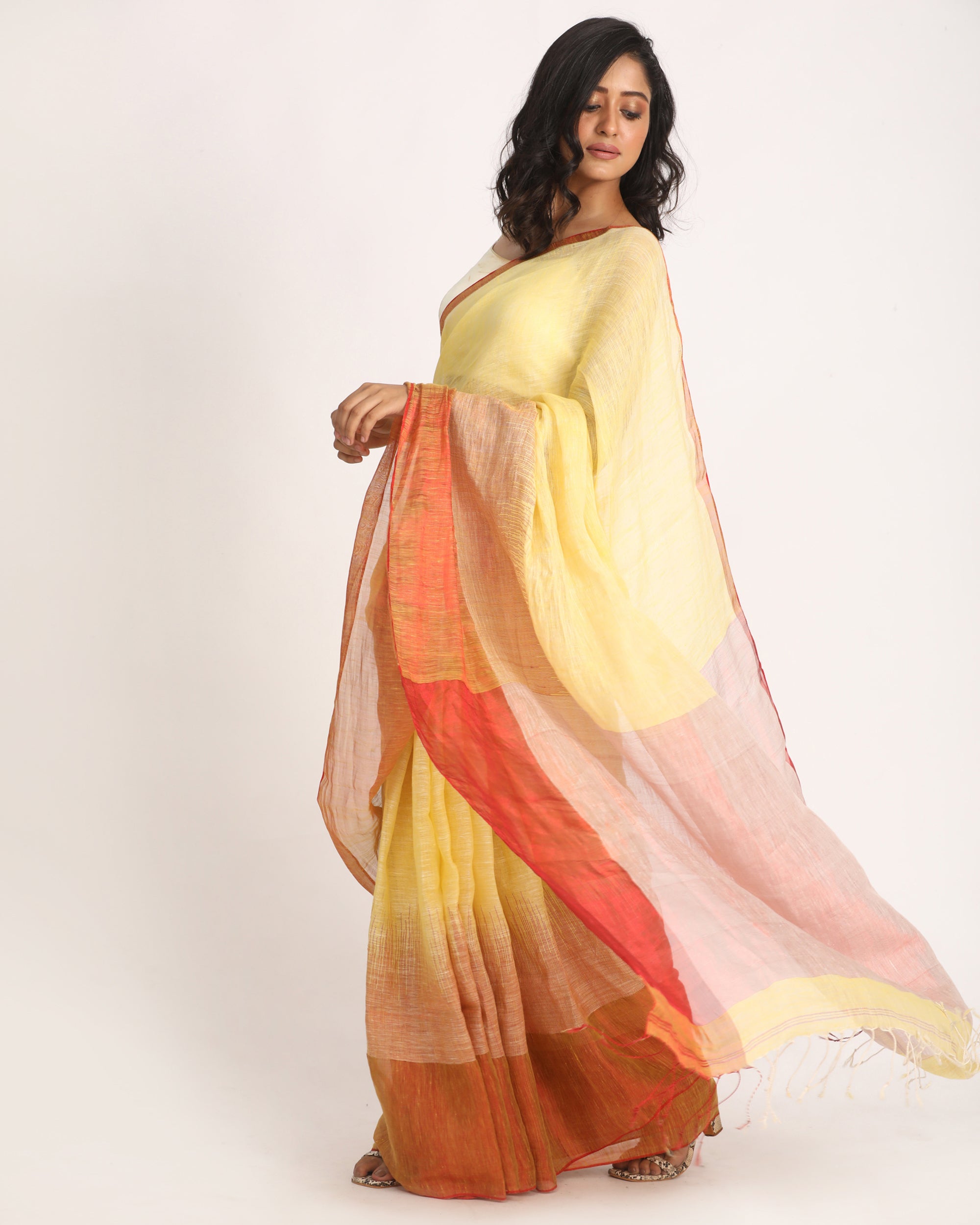 Women's Design Zari Border Lemon Handloom Traditional Linen Saree - Angoshobha