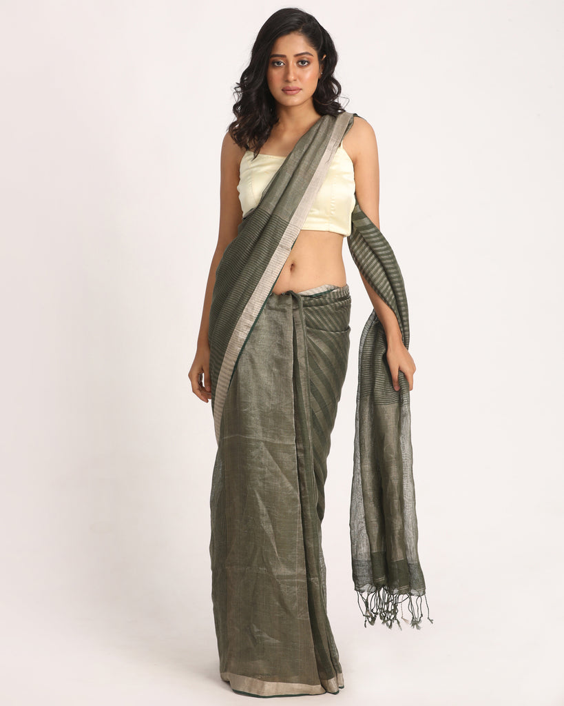 Women's Dark Moss Green Traditional Check Linen Handloom Saree