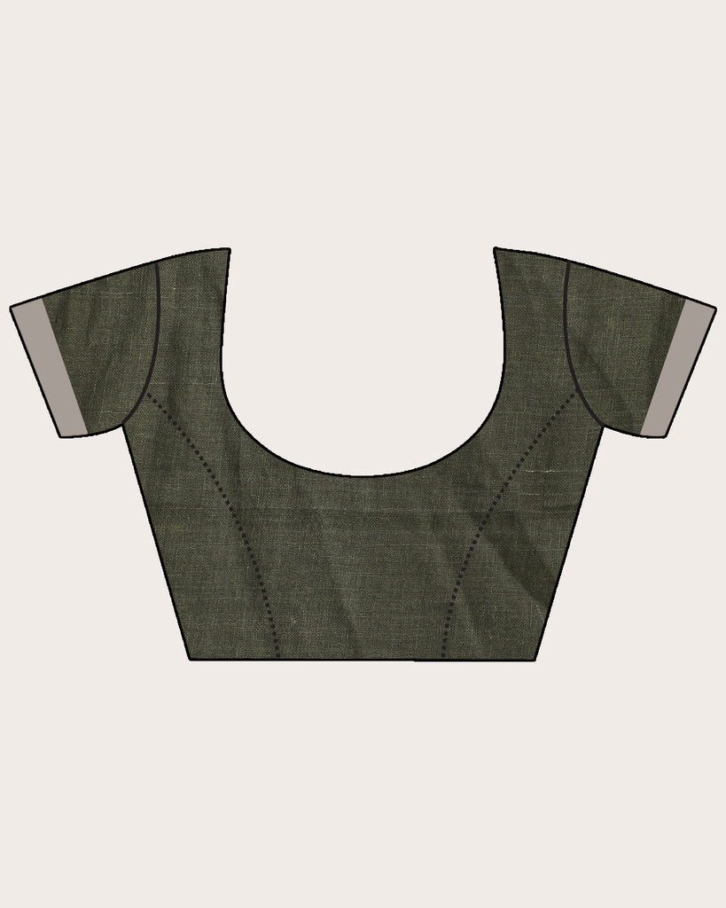 Women's Dark Moss Green Traditional Check Linen Handloom Saree