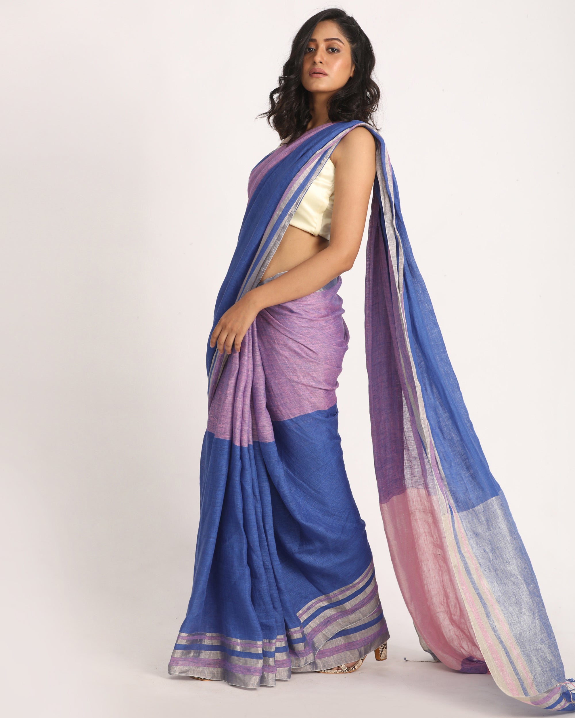 Women's Royel Blue Light Pink Traditional Handloom Linen Saree - Angoshobha