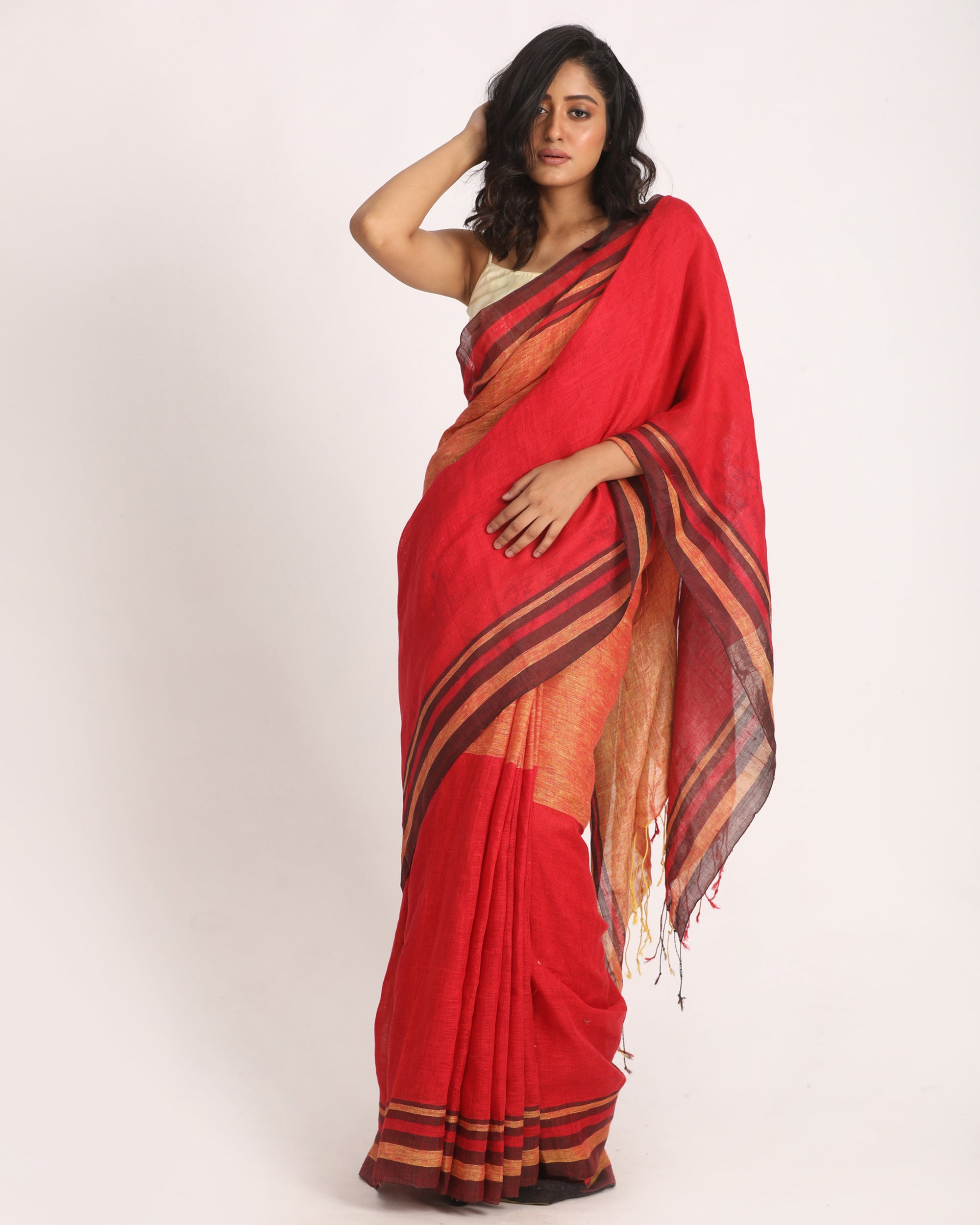 Women's Red Mustard Traditional Handloom Linen Saree - Angoshobha