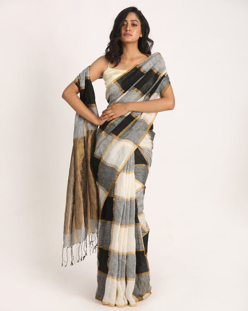 Women's White Black Traditional Check Linen Handloom Saree