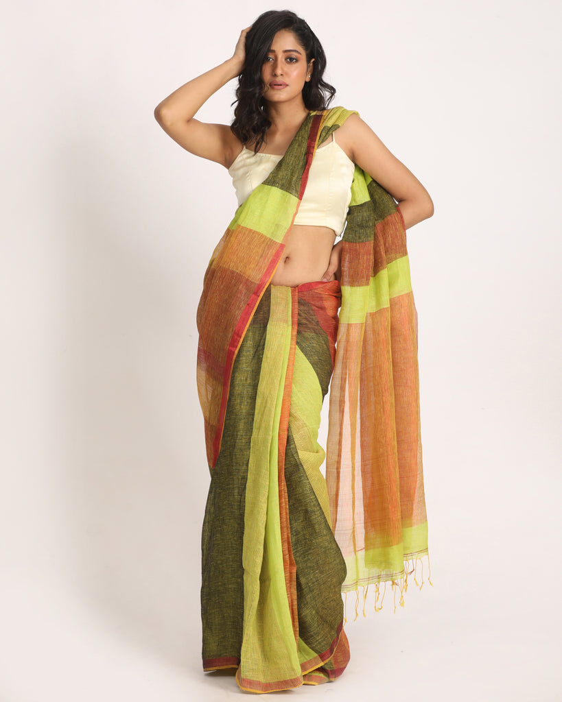 Women's Lemon Black Traditional Handloom Check Linen Saree