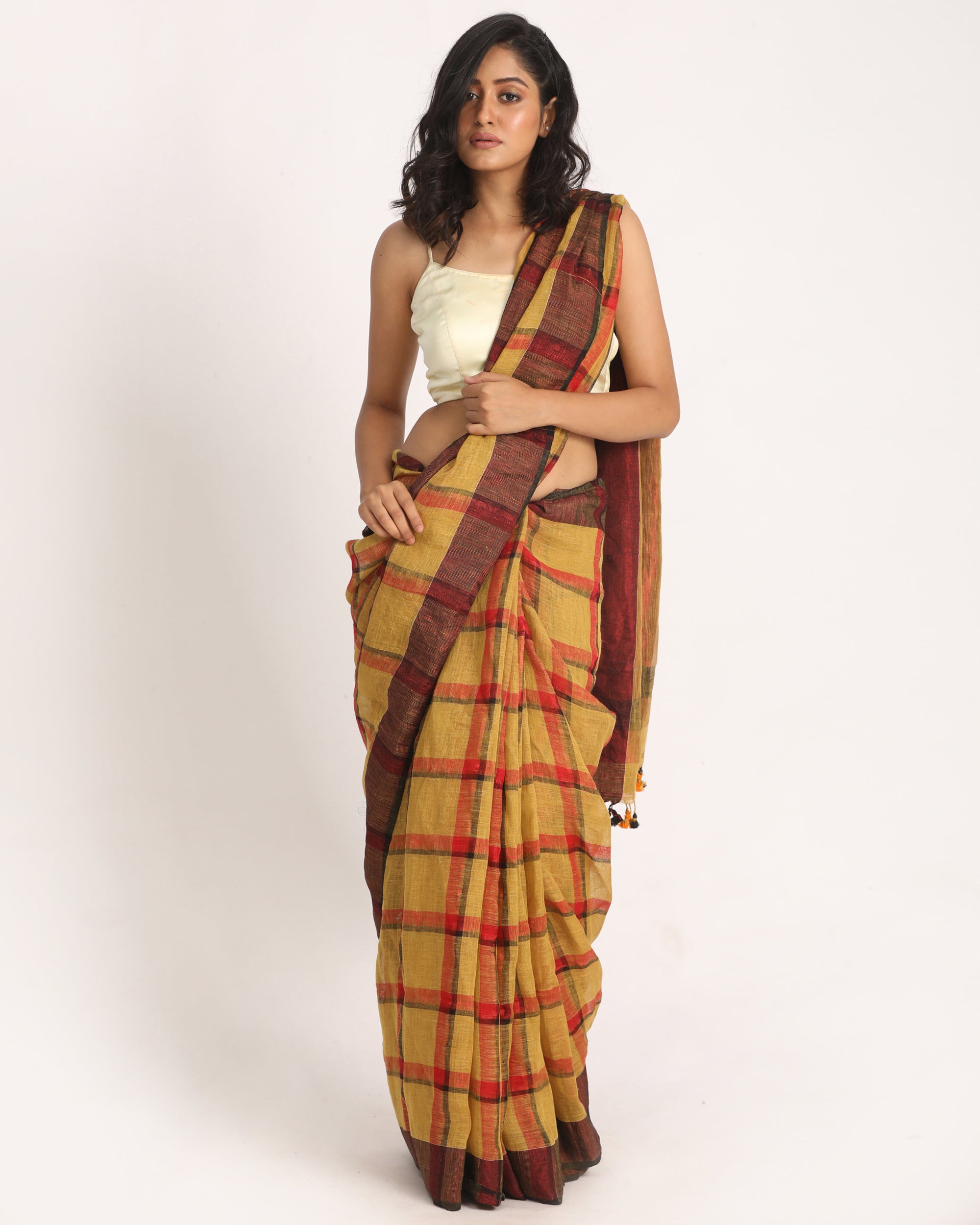 Women's Muga Red Traditional Check Linen Handloom Saree - Angoshobha