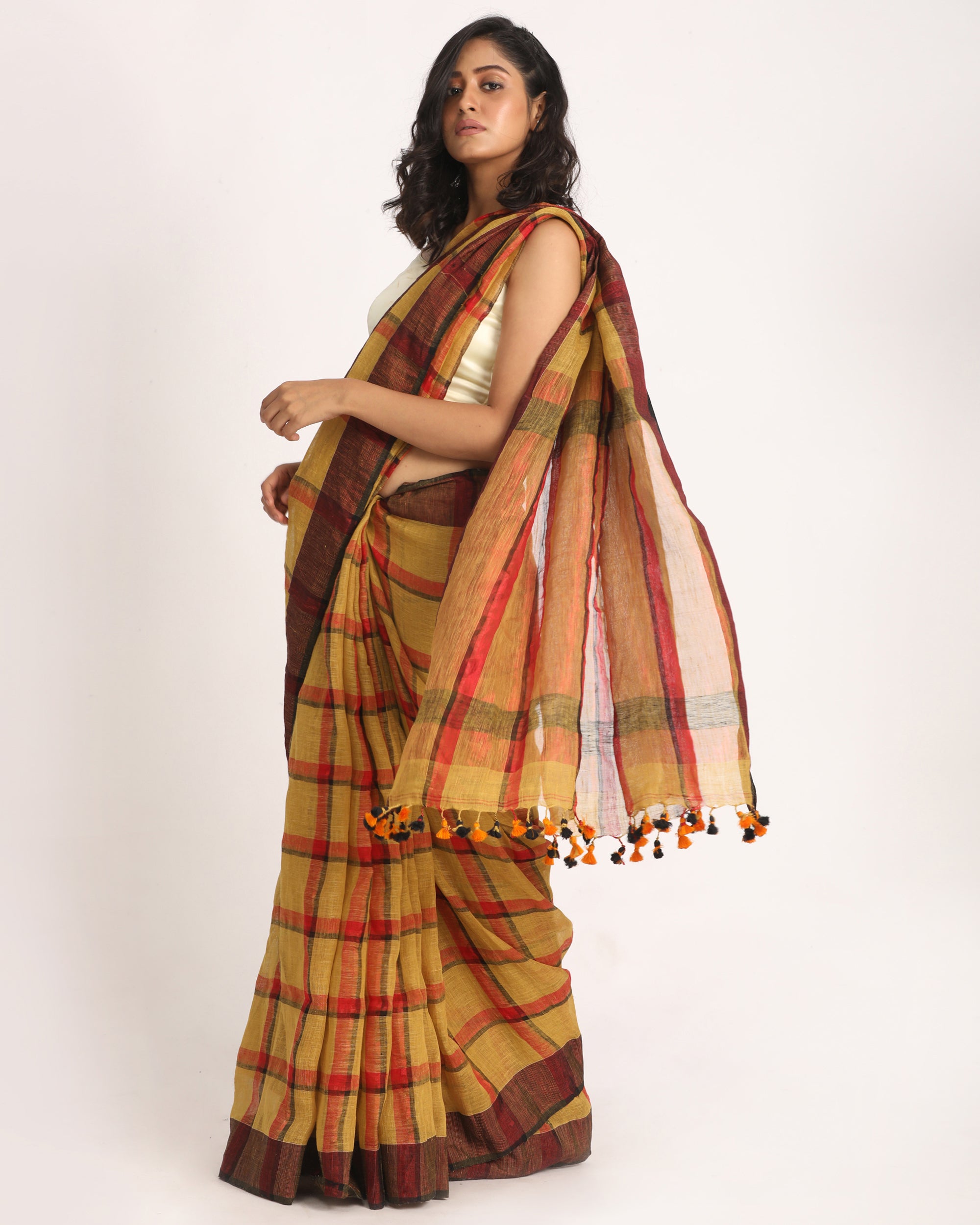 Women's Muga Red Traditional Check Linen Handloom Saree - Angoshobha