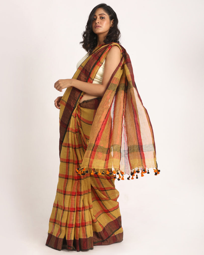 Women's Muga Red Traditional Check Linen Handloom Saree