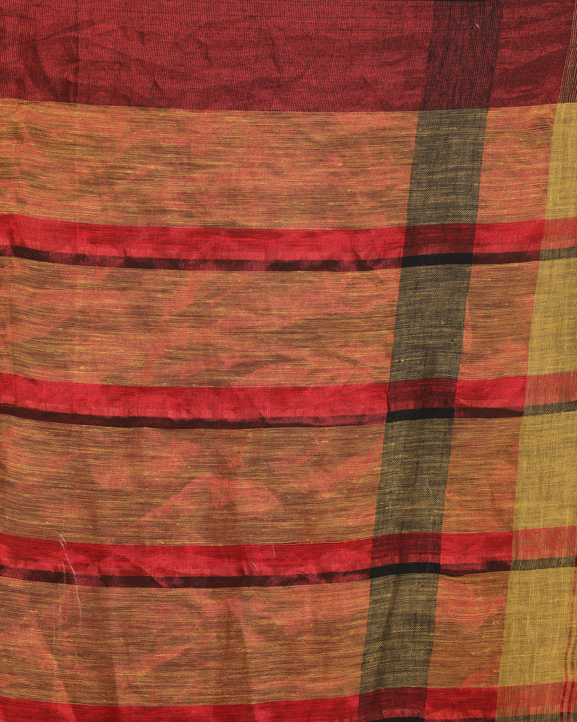 Women's Muga Red Traditional Check Linen Handloom Saree