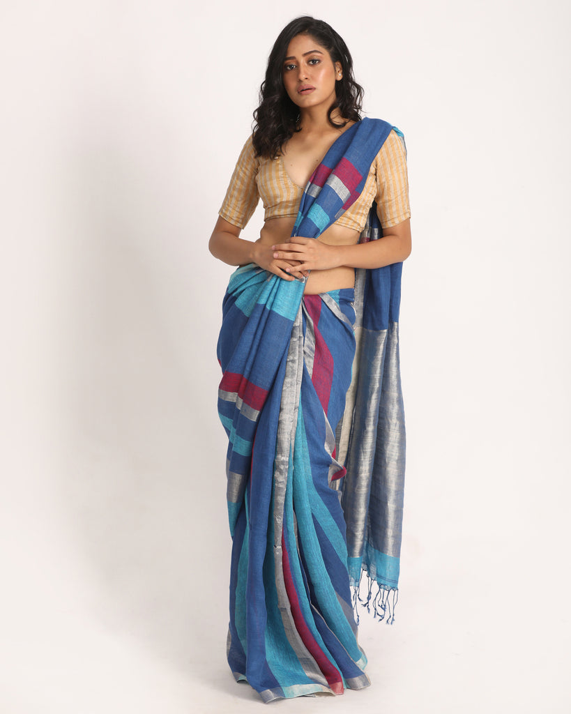 Women's Multicolour Traditional Handloom Check Linen Saree