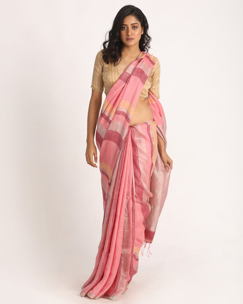 Women's Multicolour Traditional Handloom Check Linen Saree