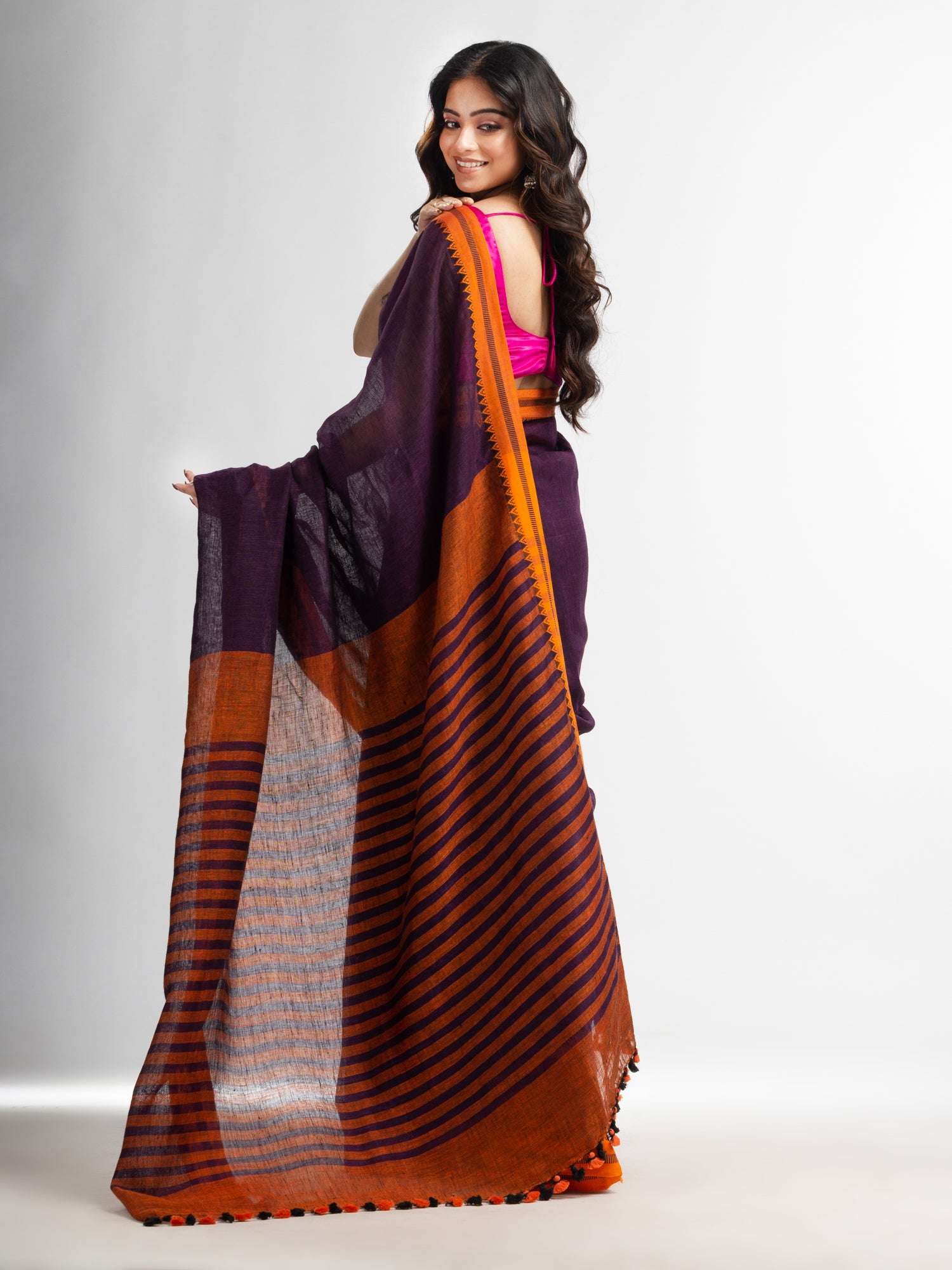 Women's Purple with multe colour pallu in jacquard design Handwoven linen Saree - Angoshobha