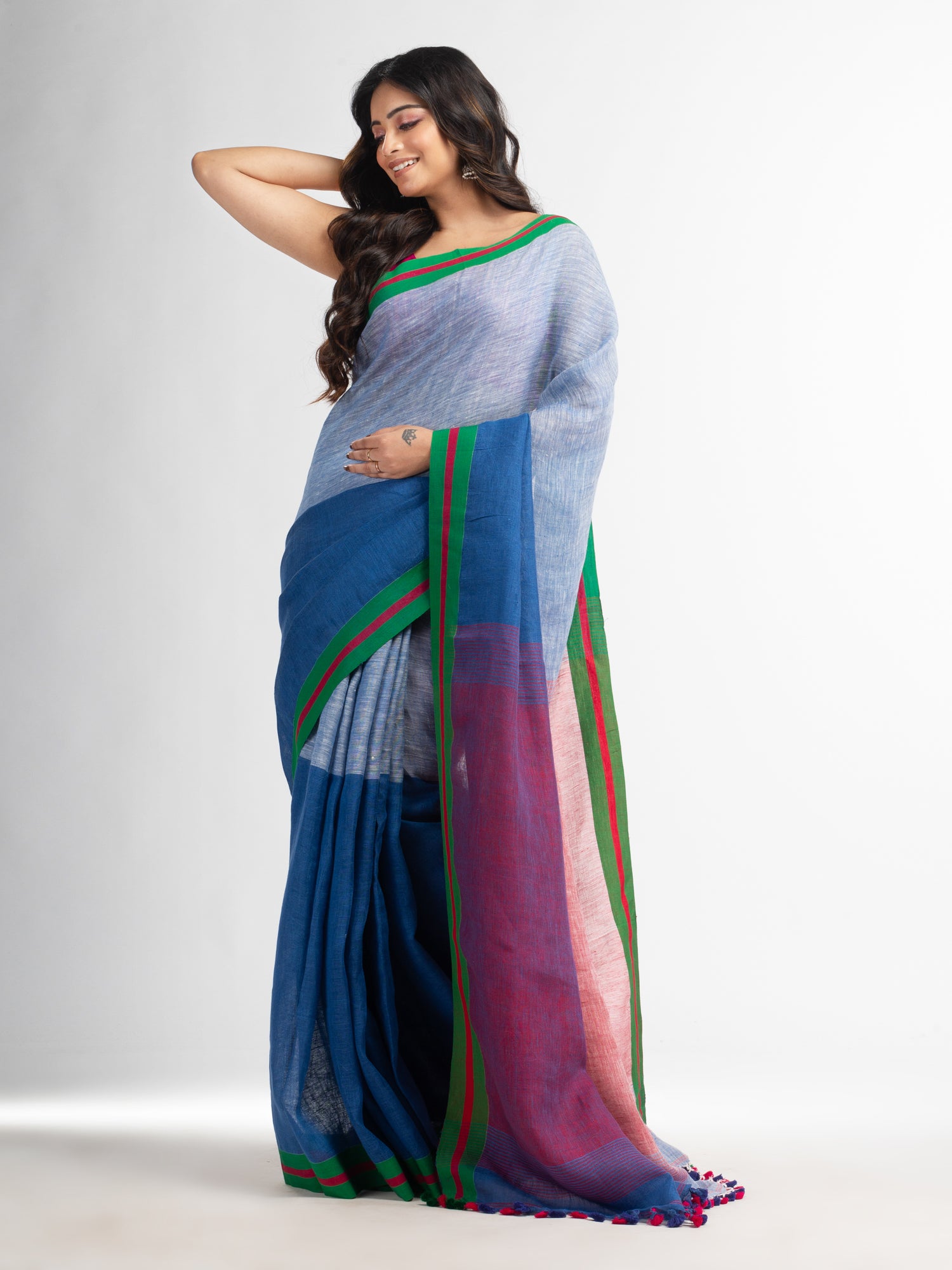 Women's Blue and white half and half red Pallu in multe colour border handwoven linen saree - Angoshobha
