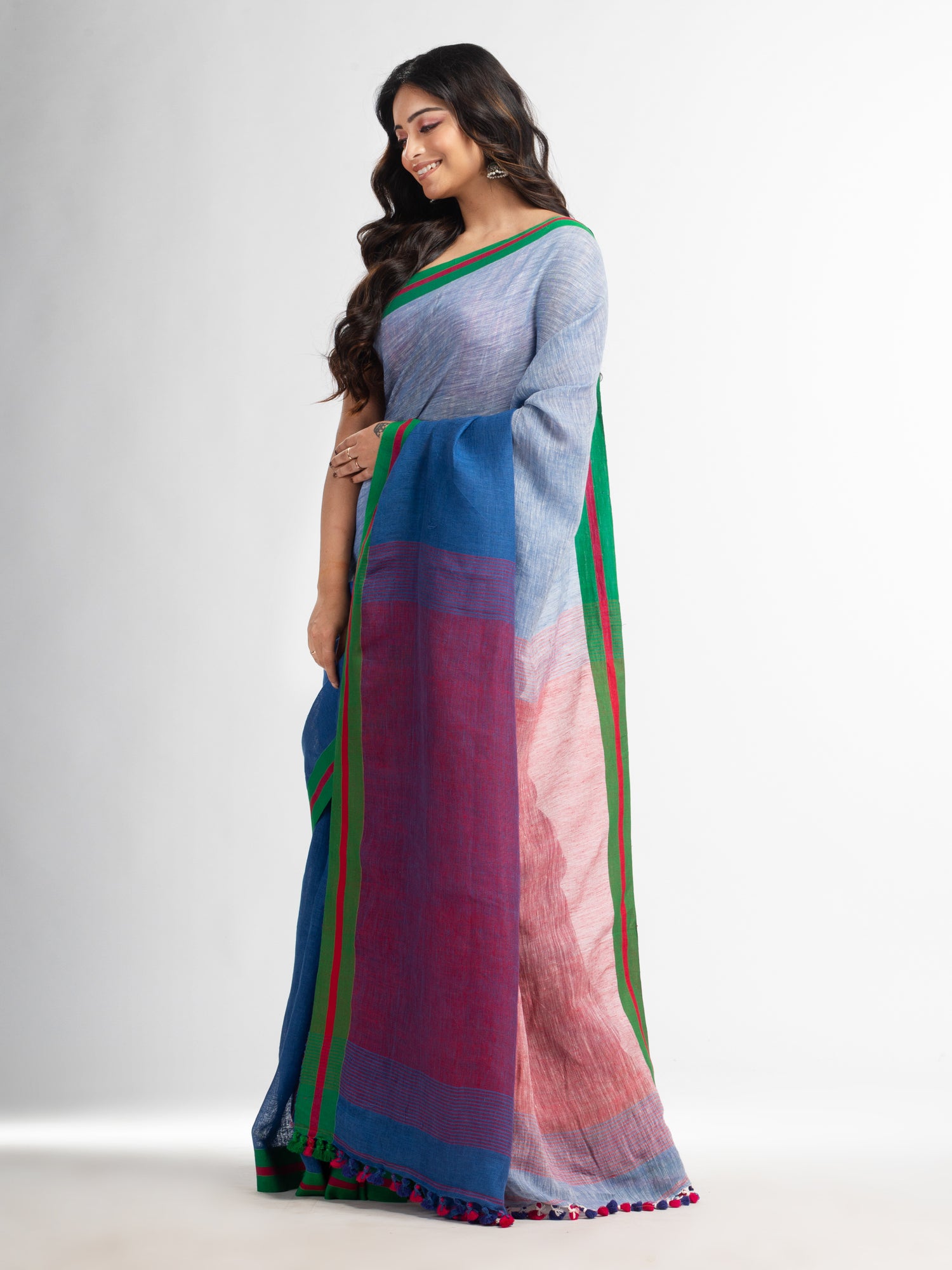 Women's Blue and white half and half red Pallu in multe colour border handwoven linen saree - Angoshobha