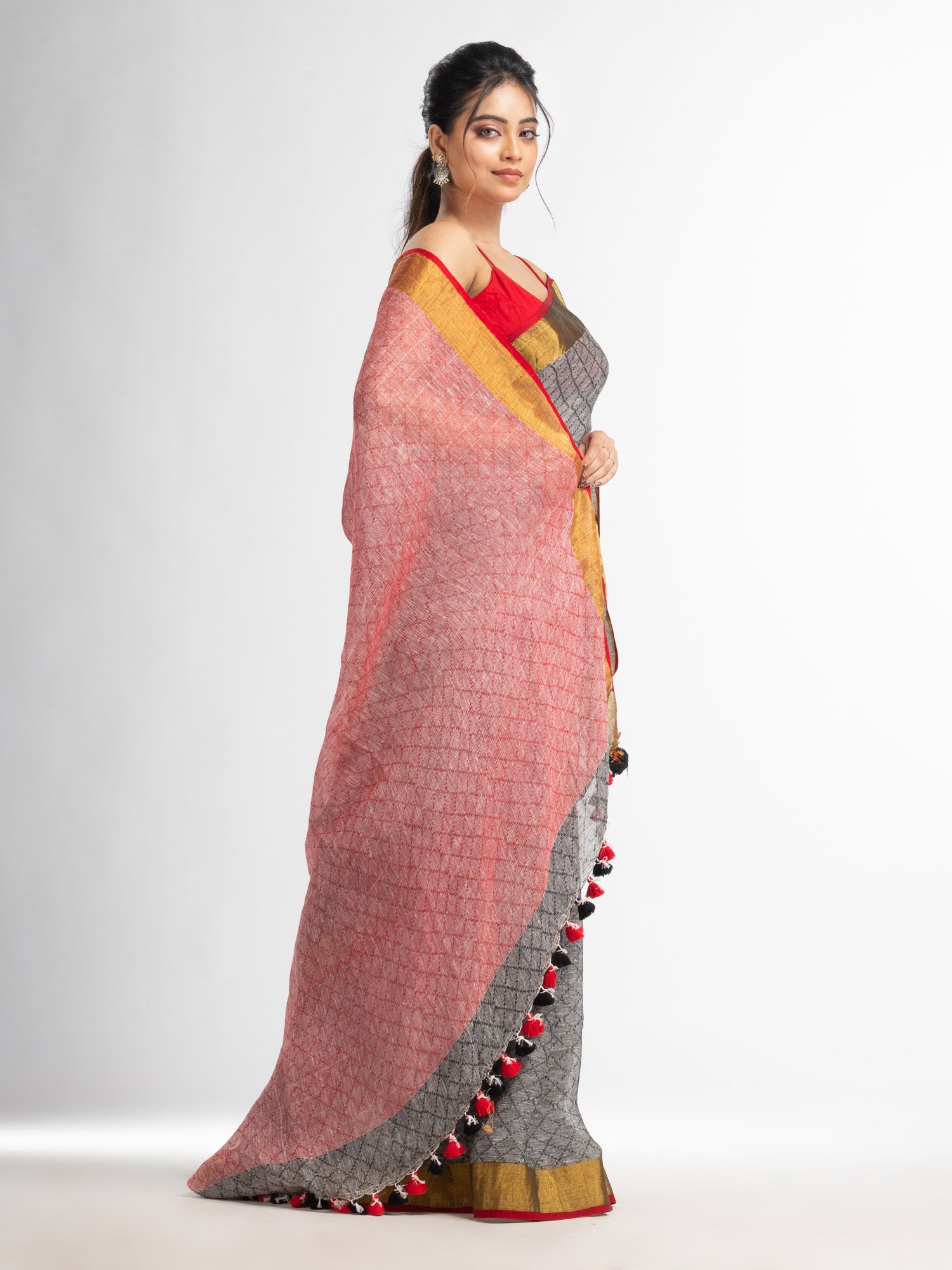 Women's grey all body jacquard weaving red pallu with gold zari border handwoven linen saree - Angoshobha