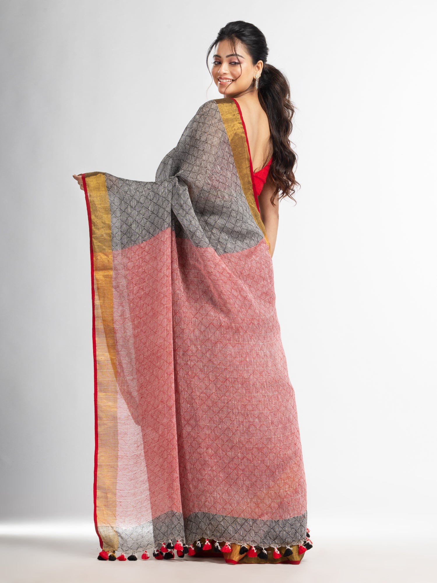 Women's grey all body jacquard weaving red pallu with gold zari border handwoven linen saree - Angoshobha