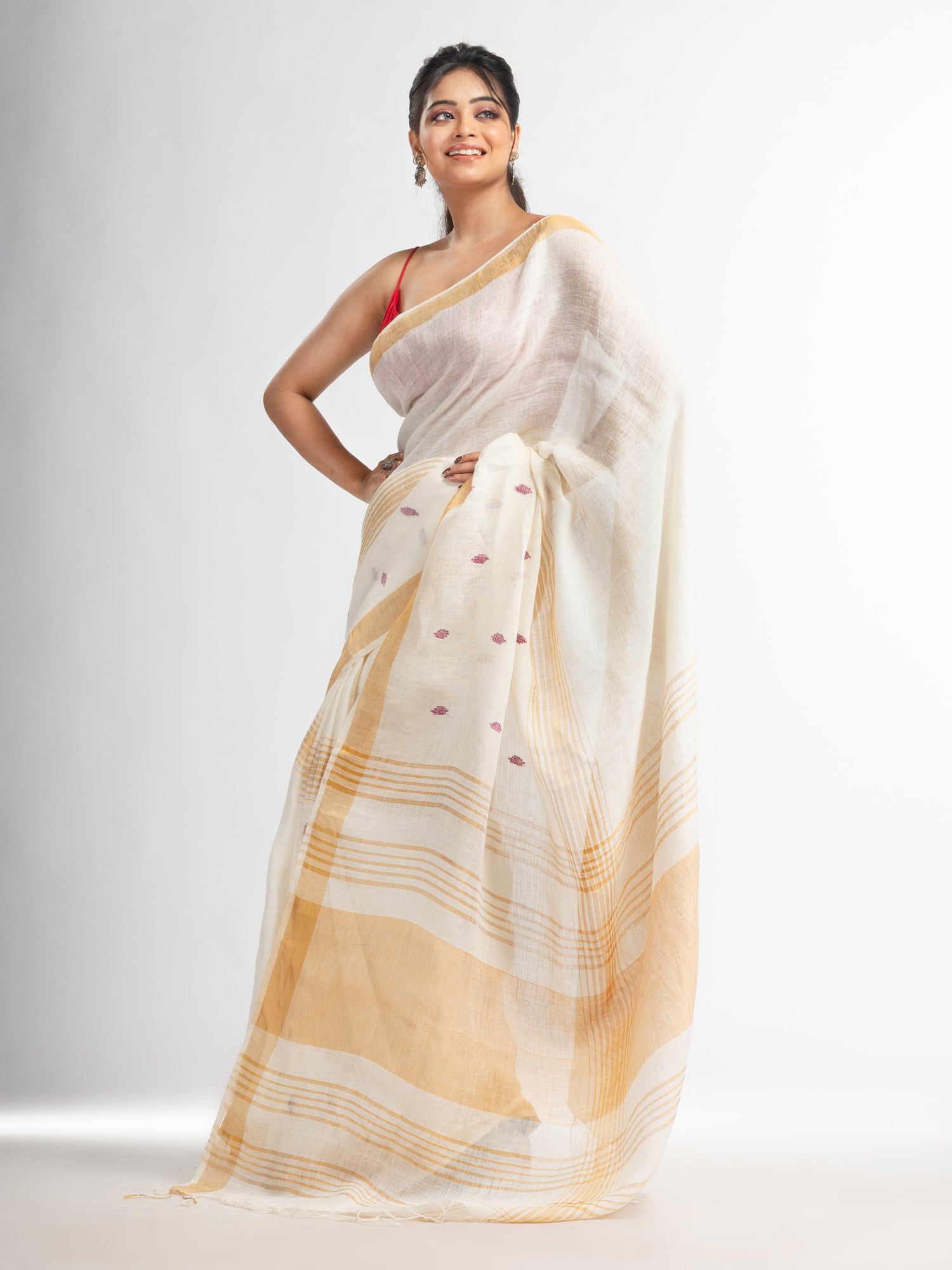 Women's white half body buti with gold zari pallu in gold zari border handwoven linen saree - Angoshobha