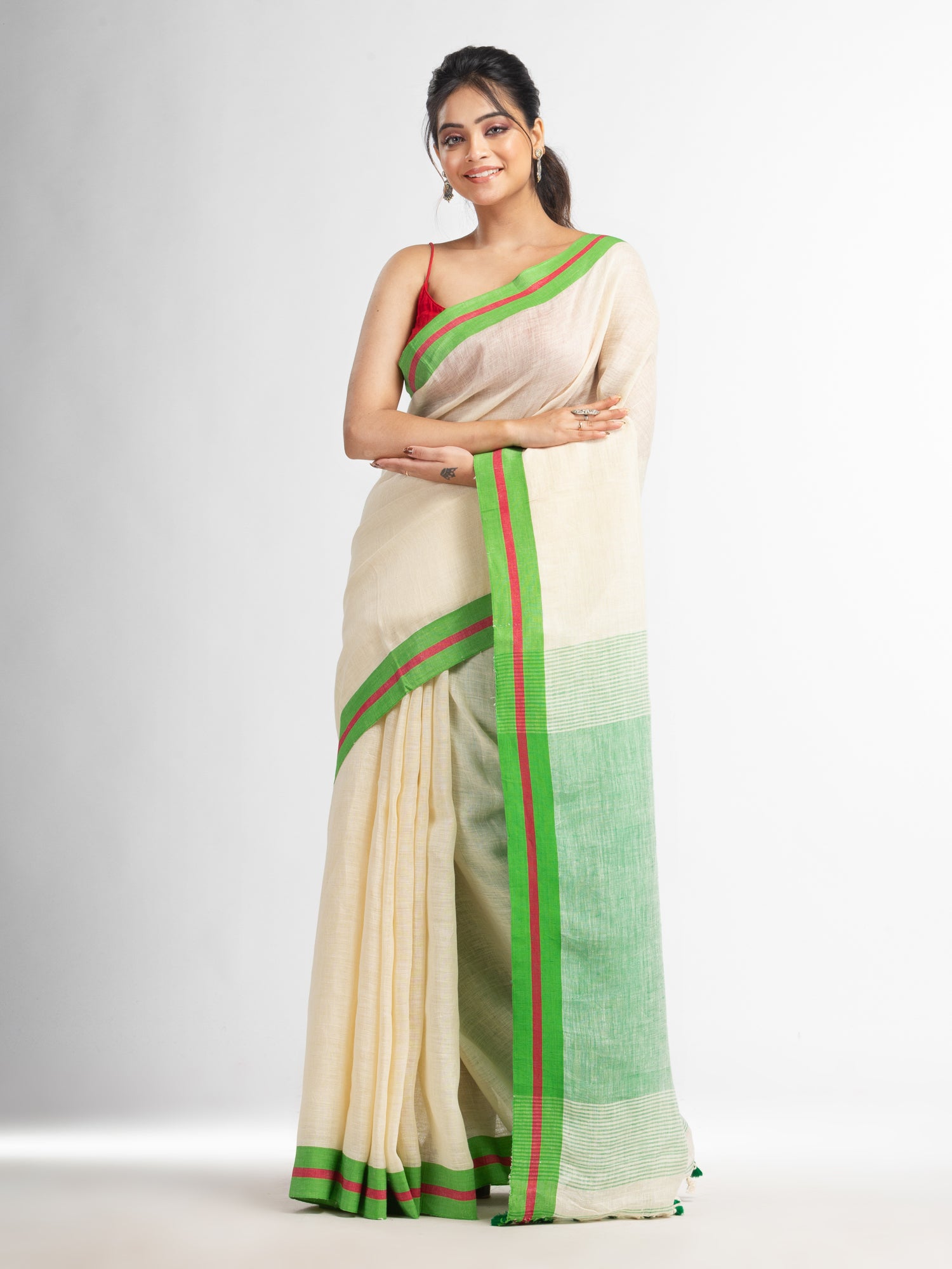 Women's Cream with green pallu in multi colour boeder handwoven linen saree - Angoshobha