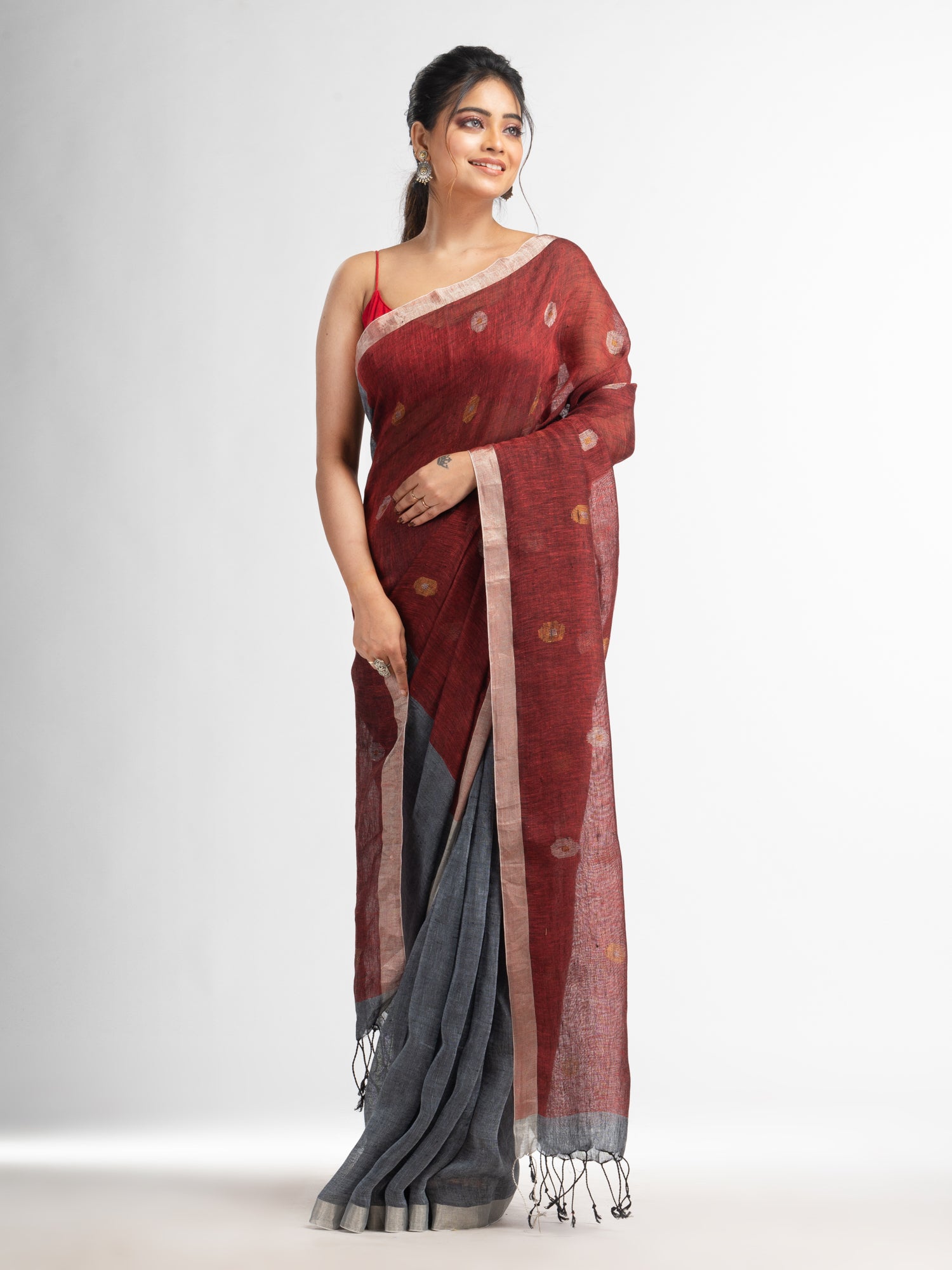 Women's Grey rust half and half with ball buti pallu in silver zari border handwoven linen saree - Angoshobha