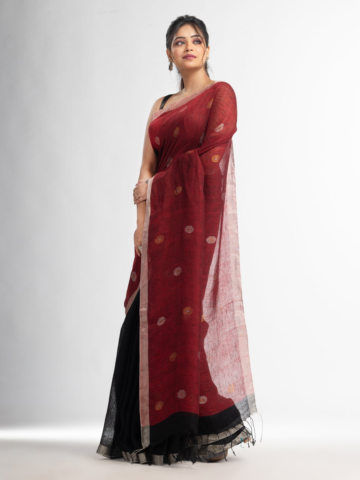 Women's Black Red half and half with ball buti pallu in silver zari border handwoven linen saree - Angoshobha