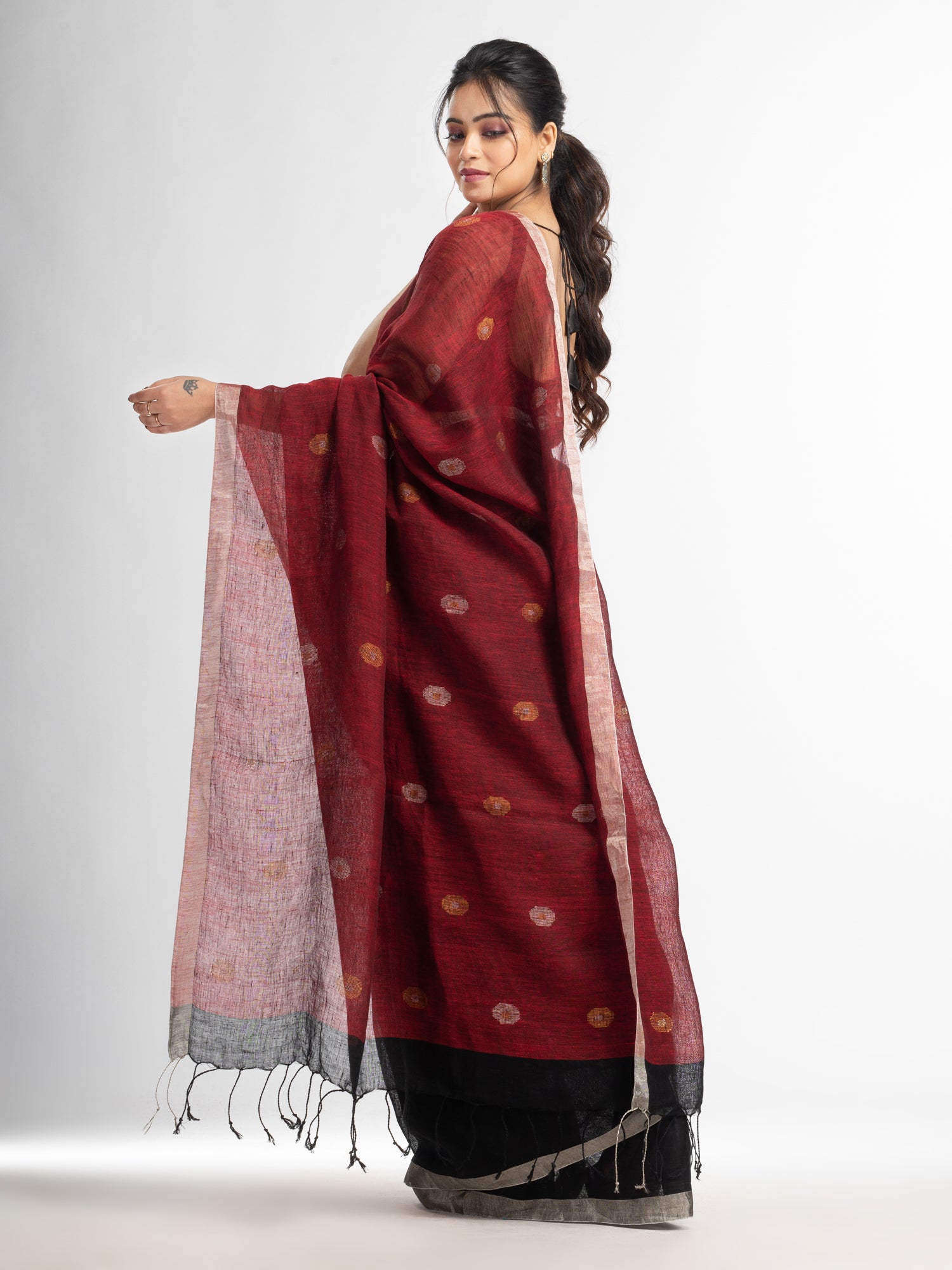 Women's Black Red half and half with ball buti pallu in silver zari border handwoven linen saree - Angoshobha