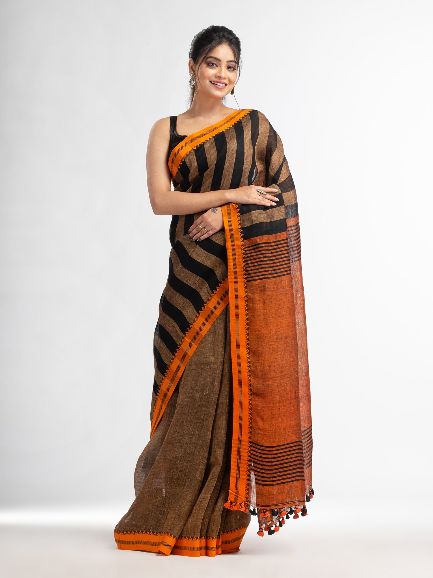 Women's Sunset Brown all body stipe with rust pallu in jacquard boeder handwoven linen saree - Angoshobha