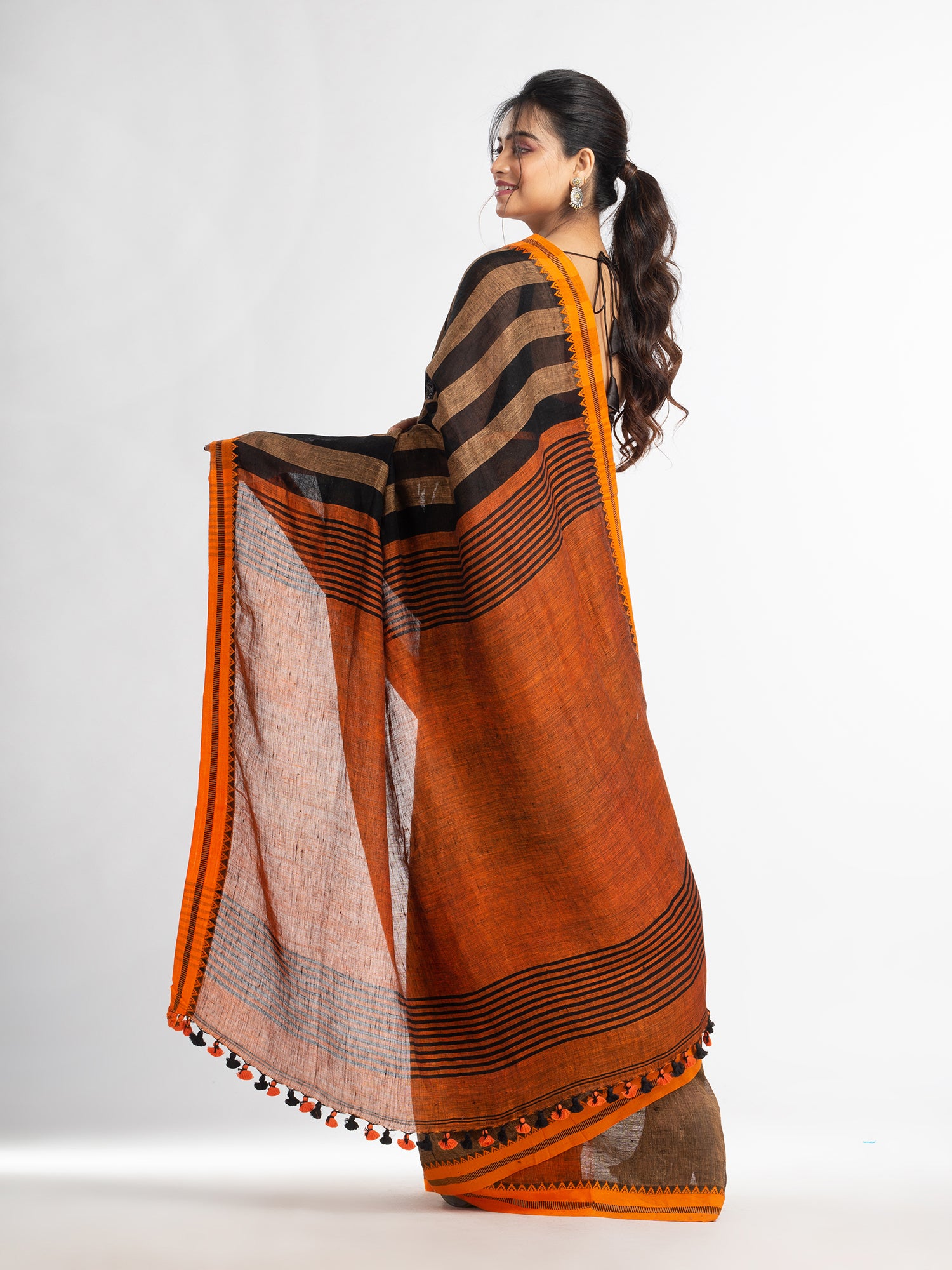 Women's Sunset Brown all body stipe with rust pallu in jacquard boeder handwoven linen saree - Angoshobha