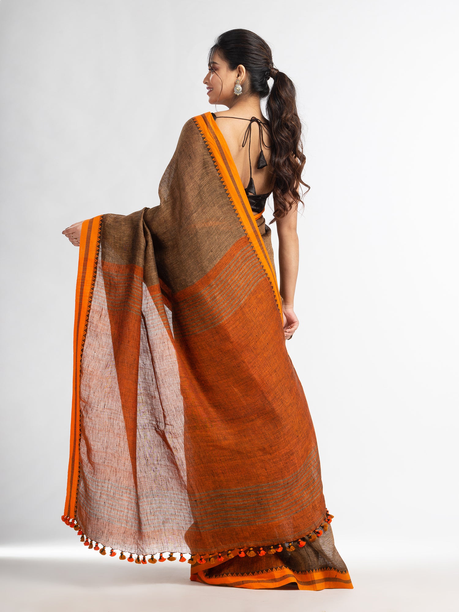 Women's Sunset Brown stipe with rust pallu in jacquard boeder handwoven linen saree - Angoshobha