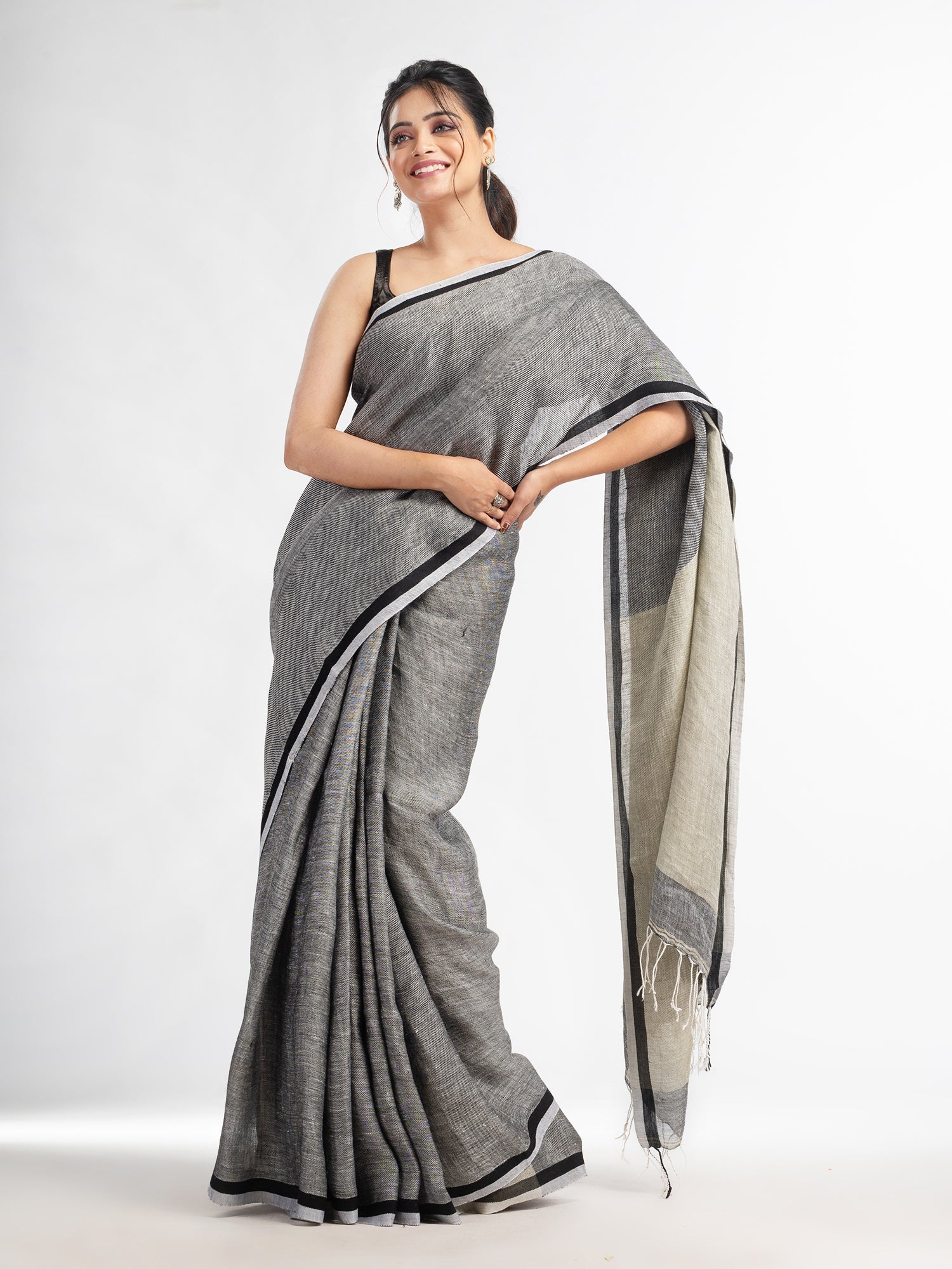 Women's Grey twill weaving with sage green pallu in white and black border handwoven linen saree - Angoshobha