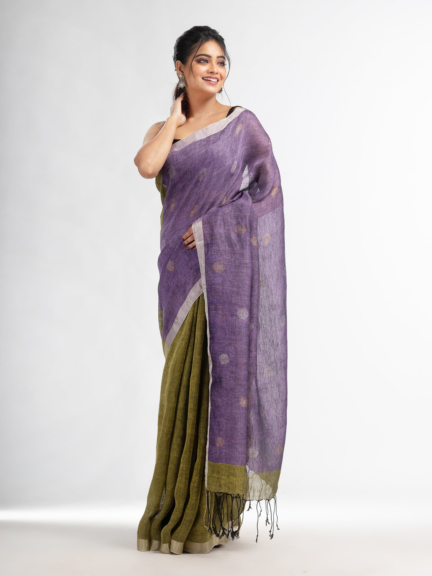 Women's Sage green violet half and half with ball buti pallu in silver zari border handwoven linen saree - Angoshobha