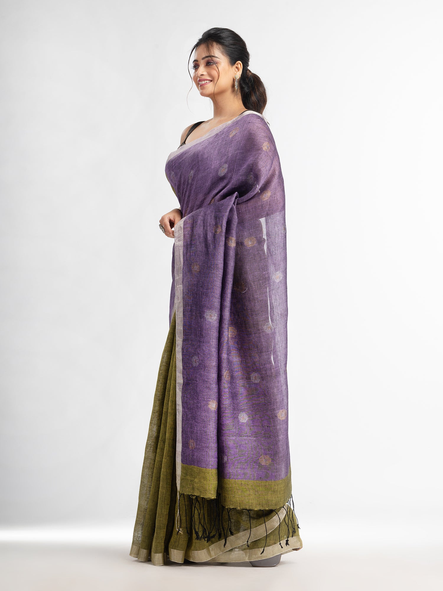 Women's Sage green violet half and half with ball buti pallu in silver zari border handwoven linen saree - Angoshobha