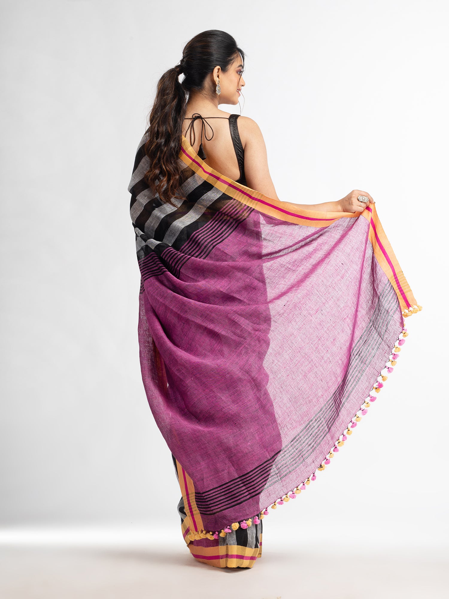 Women's grey black all body stipe with pink pallu in multi colou boeder handwoven linen saree - Angoshobha