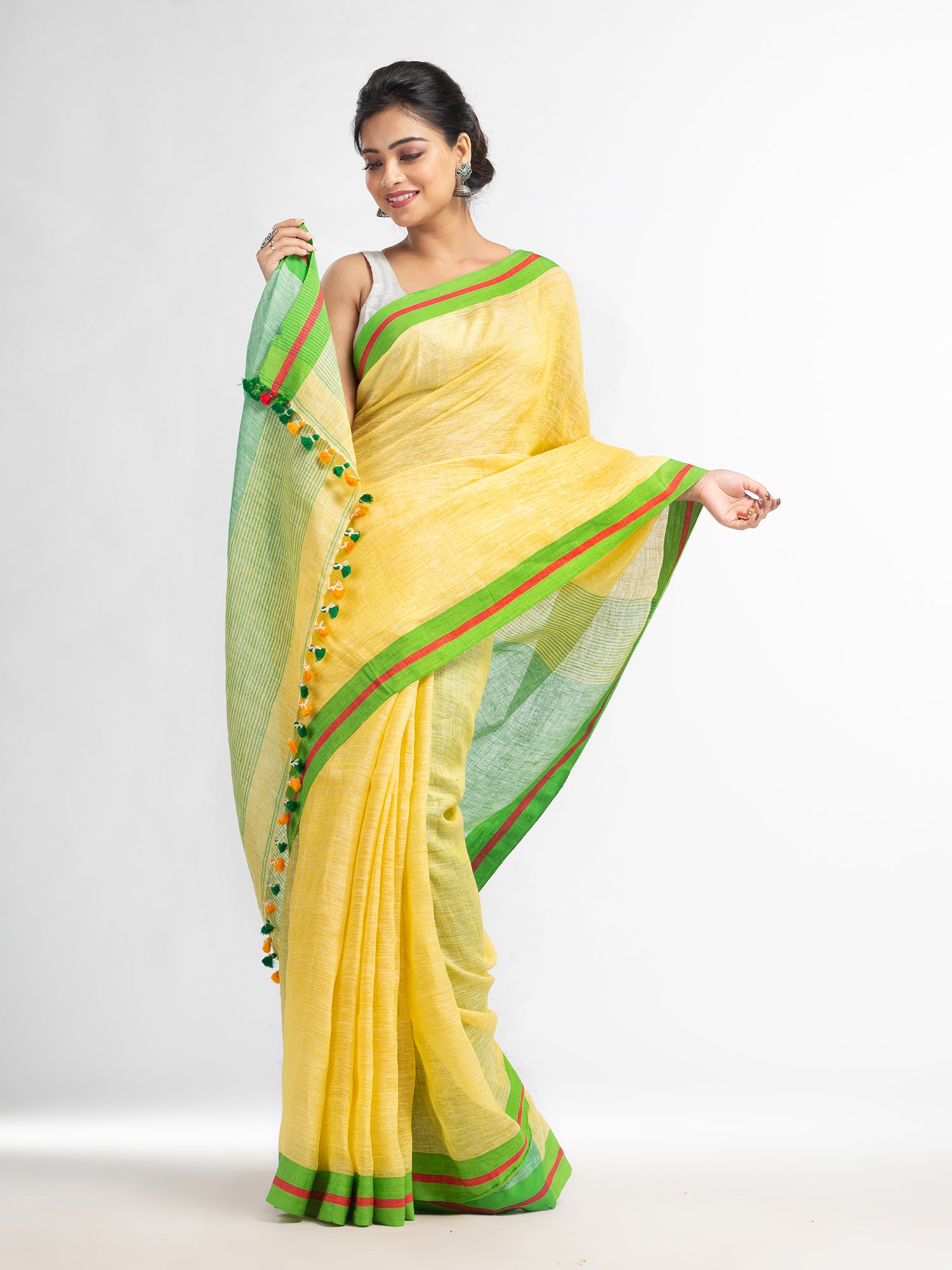 Women's Yellow with green pallu in multi colour boeder handwoven linen saree - Angoshobha