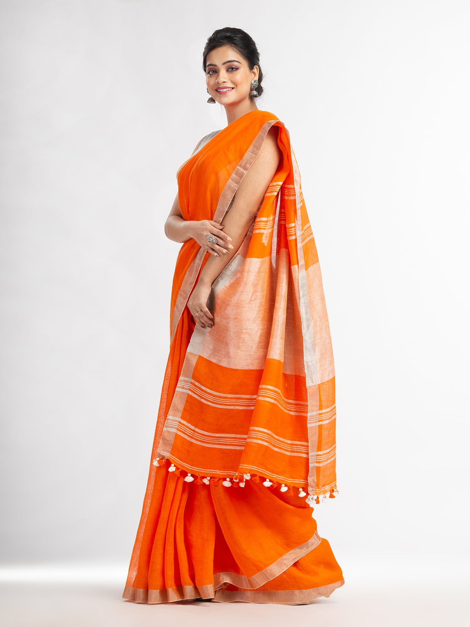 Women's Orange with silver zari pallu in silver zari border handwoven linen saree - Angoshobha