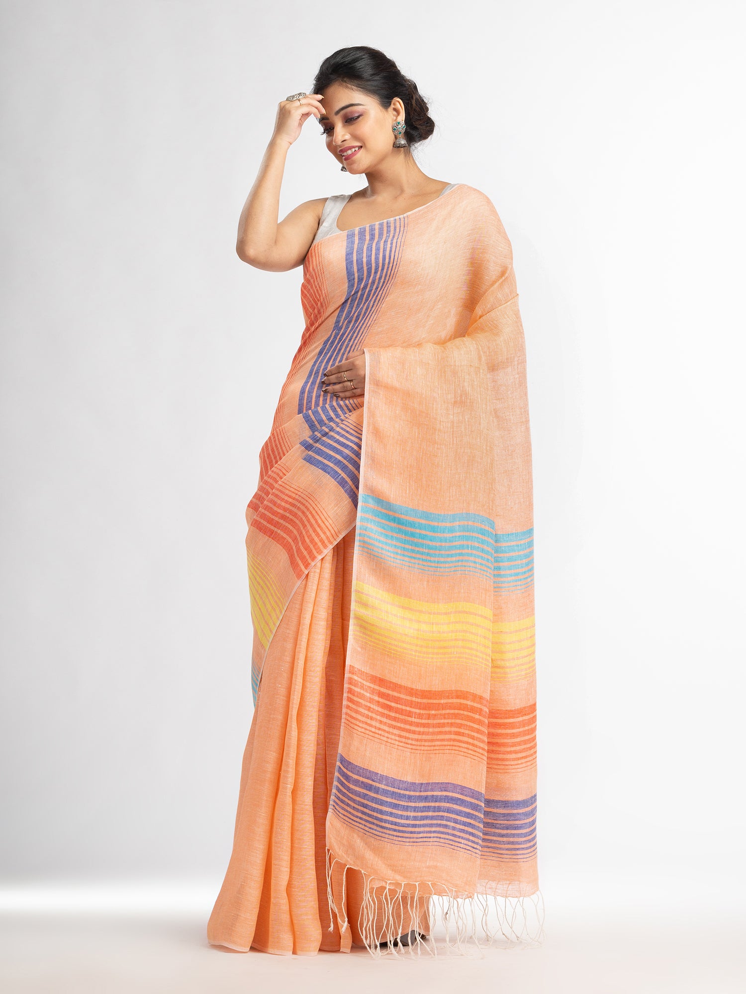 Women's Peach with multi colour pallu handwoven linen saree - Angoshobha