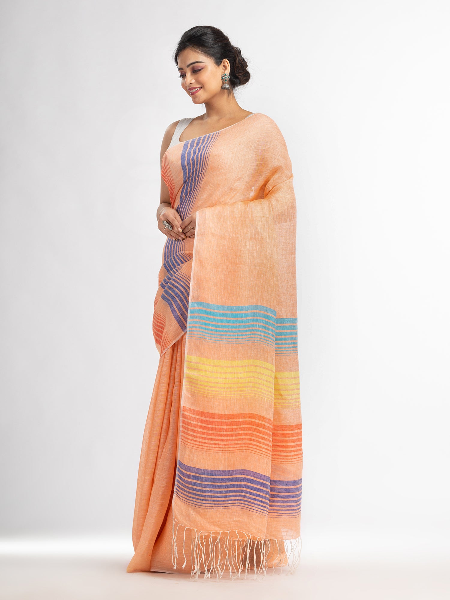 Women's Peach with multi colour pallu handwoven linen saree - Angoshobha