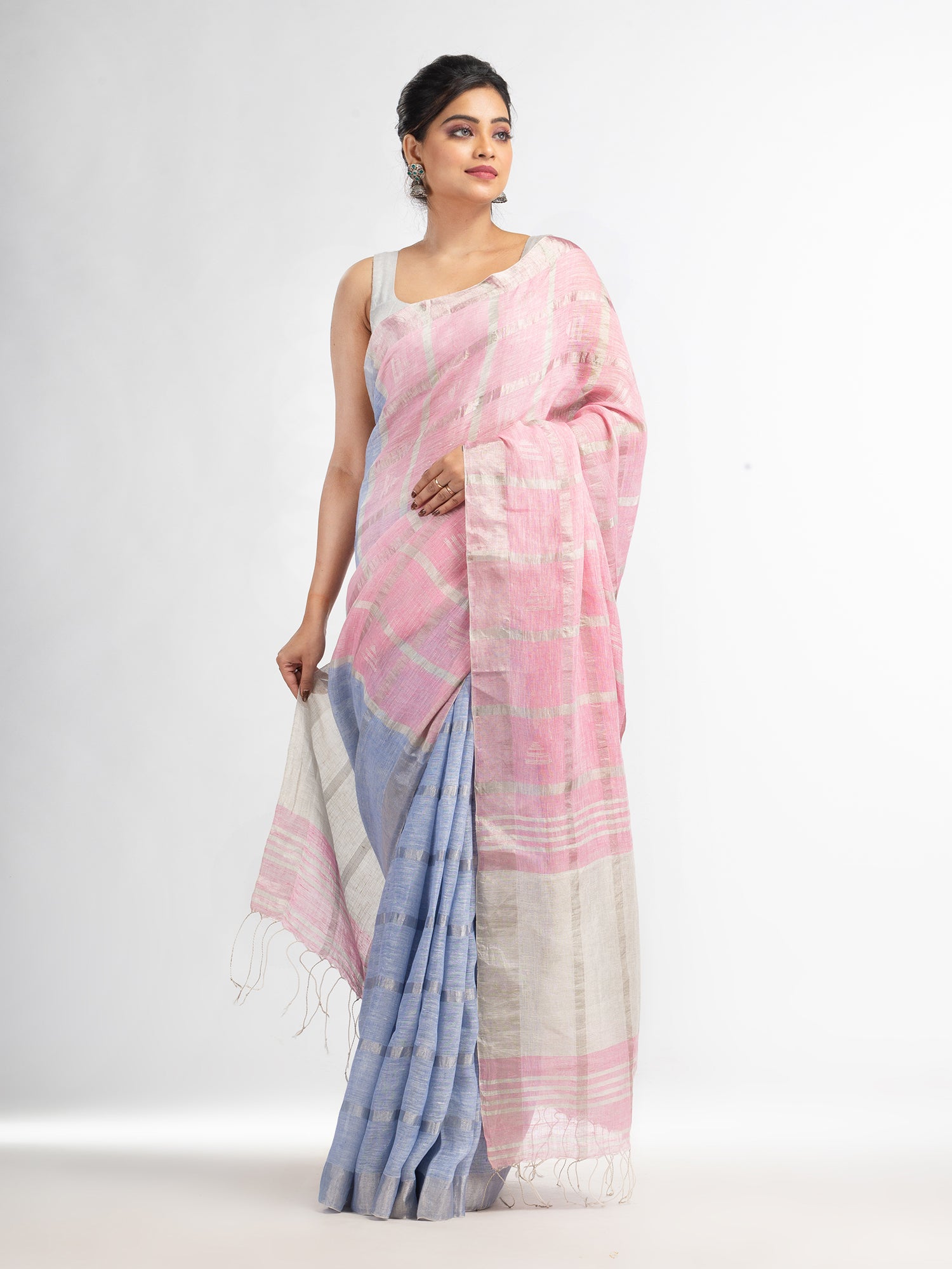 Women's Light sky pink half and half ziri check with silver zari pallu in zari border handwoven linen saree - Angoshobha