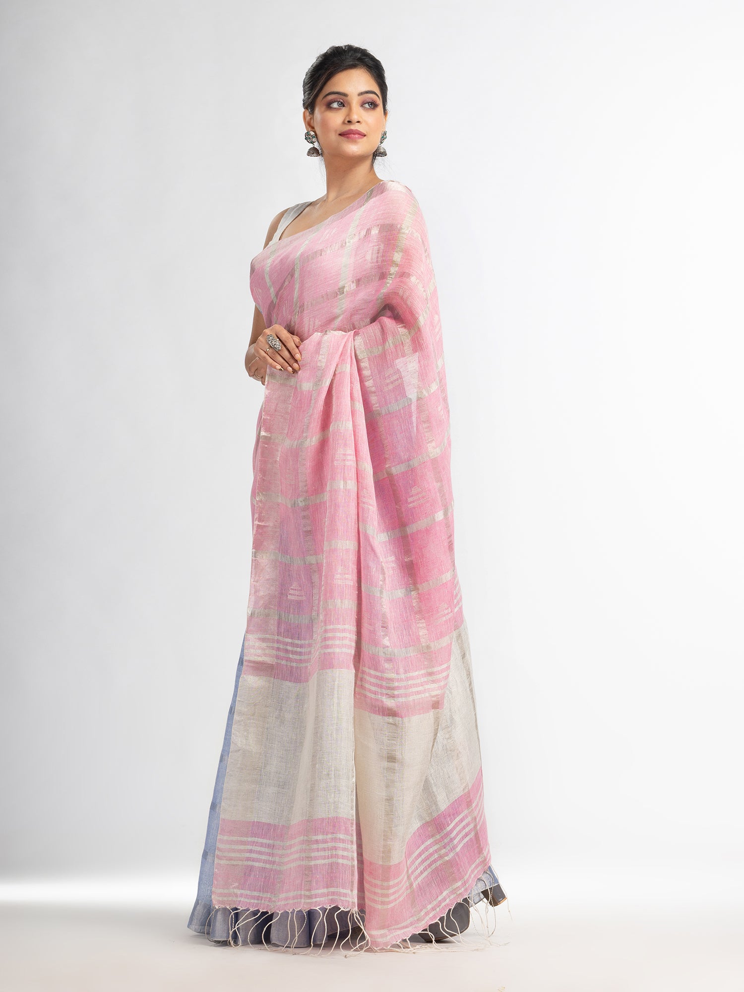 Women's Light sky pink half and half ziri check with silver zari pallu in zari border handwoven linen saree - Angoshobha