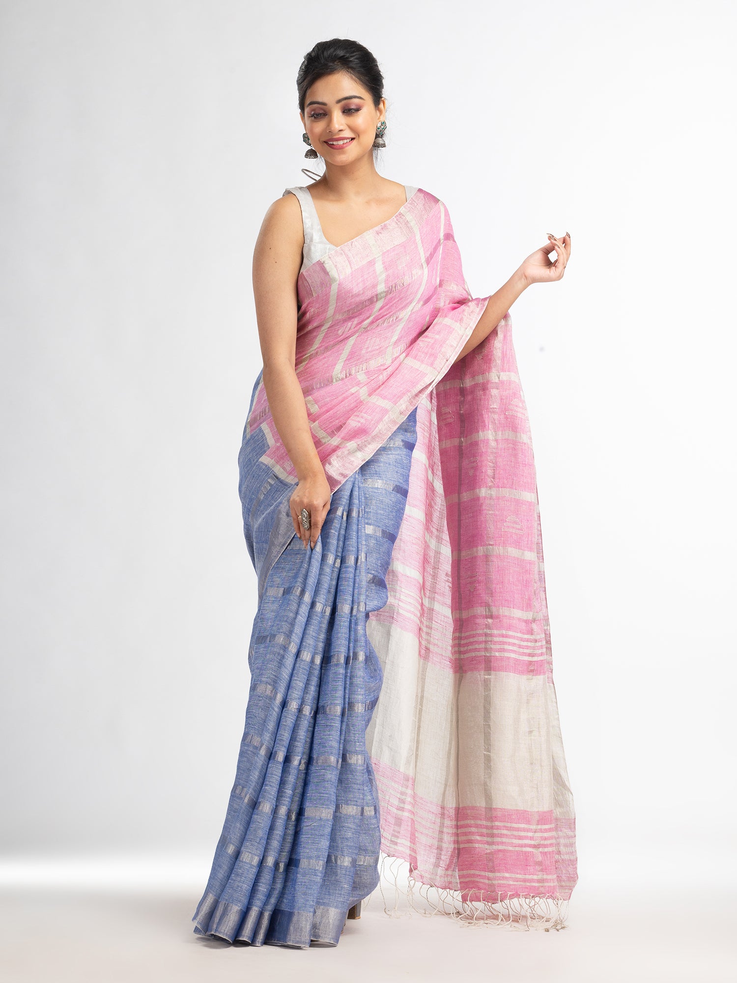 Women's Drak sky pink half and half ziri check with silver zari pallu in zari border handwoven linen saree - Angoshobha