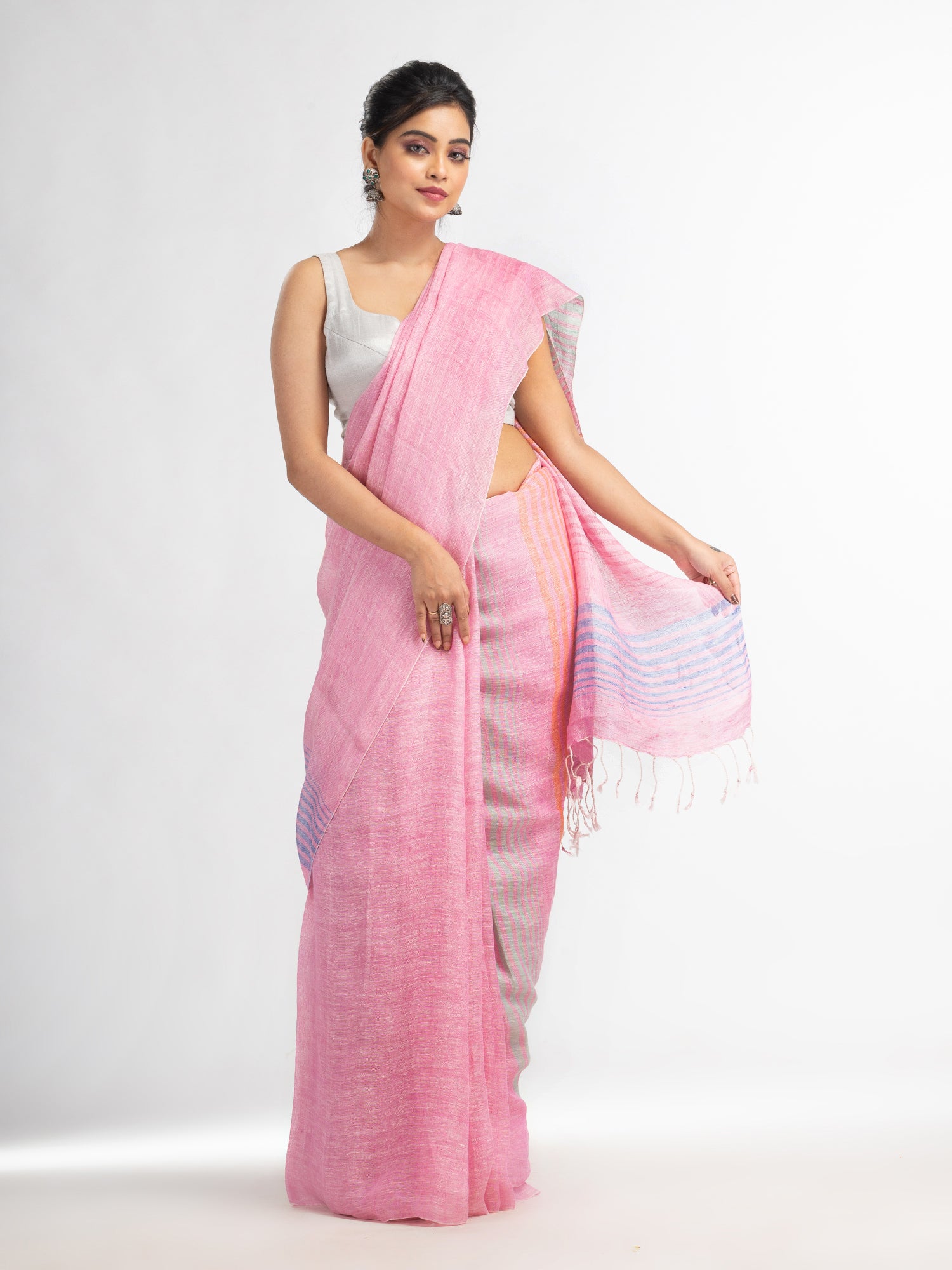 Women's Pink with multi colour pallu handwoven linen saree - Angoshobha