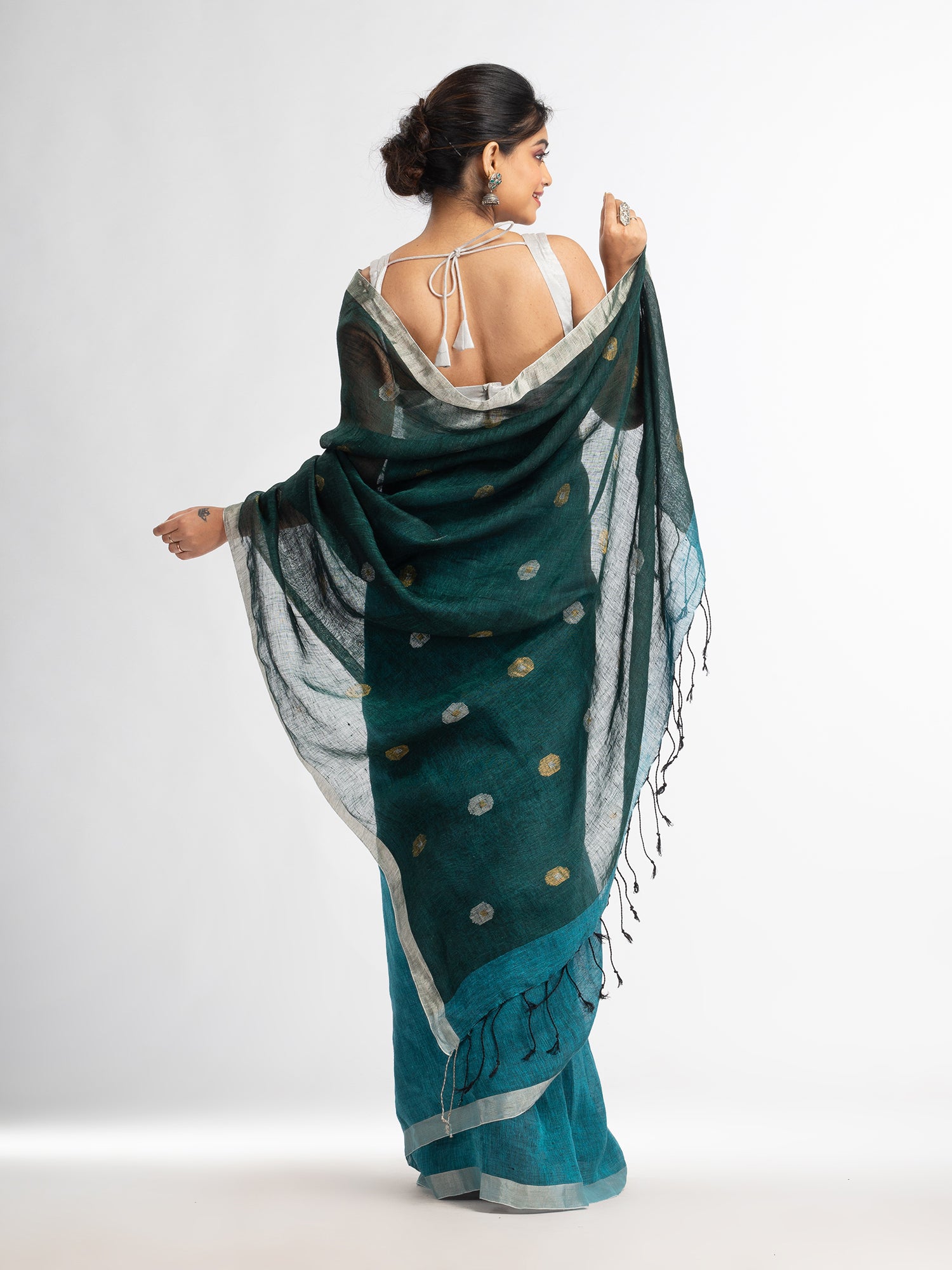 Women's Sky blue battle green half and half with ball buti pallu in silver zari border handwoven linen saree - Angoshobha