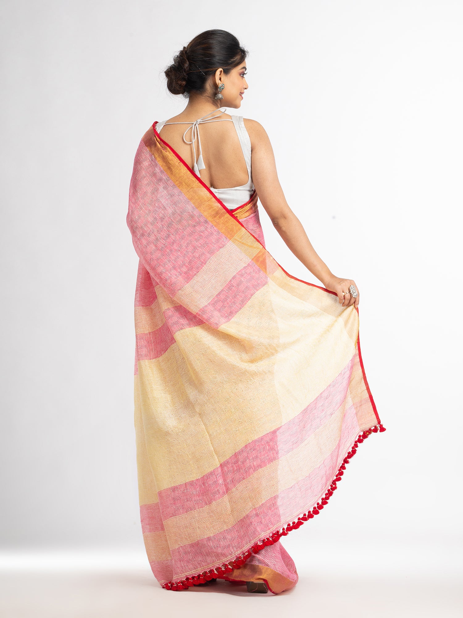 Women's red all body jacquard weaving silver zari pallu with gold zari border handwoven linen saree - Angoshobha